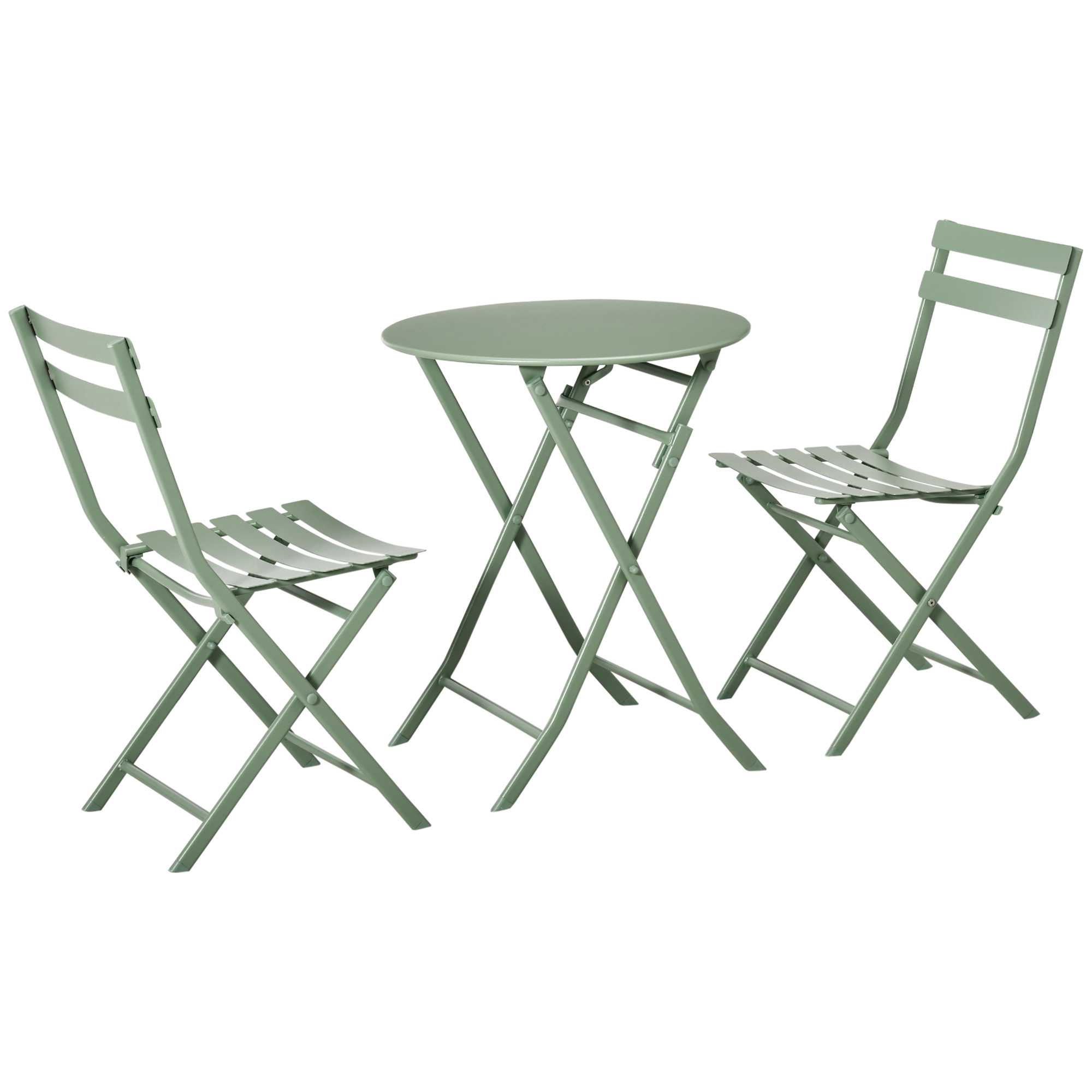 Outsunny Gartenmöbel-Set für 2 Personen - klappbarer Bistro-Gartentisch und Stühle - Bistro-Gartenmöbel-Set - runder Tisch Ø 60 cm mit 2 klappbaren Stühlen - pulverbeschichtetes Metall in Grün   Aosom