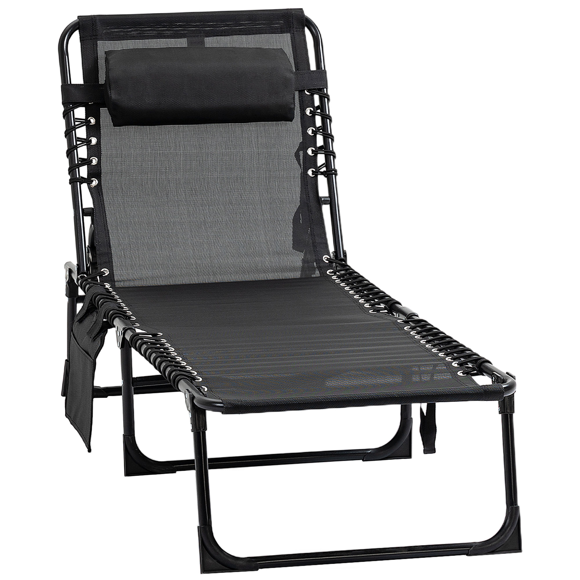 Outsunny Chaise longue klappbar Sonnenliege Liegestuhl mit verstellbarer Rückenlehne 5 Positionen abnehmbare Kopfstütze seitliche Tasche Textielenbezug Stahlrahmen 185 x 58 x 30 cm Schwarz Aosom