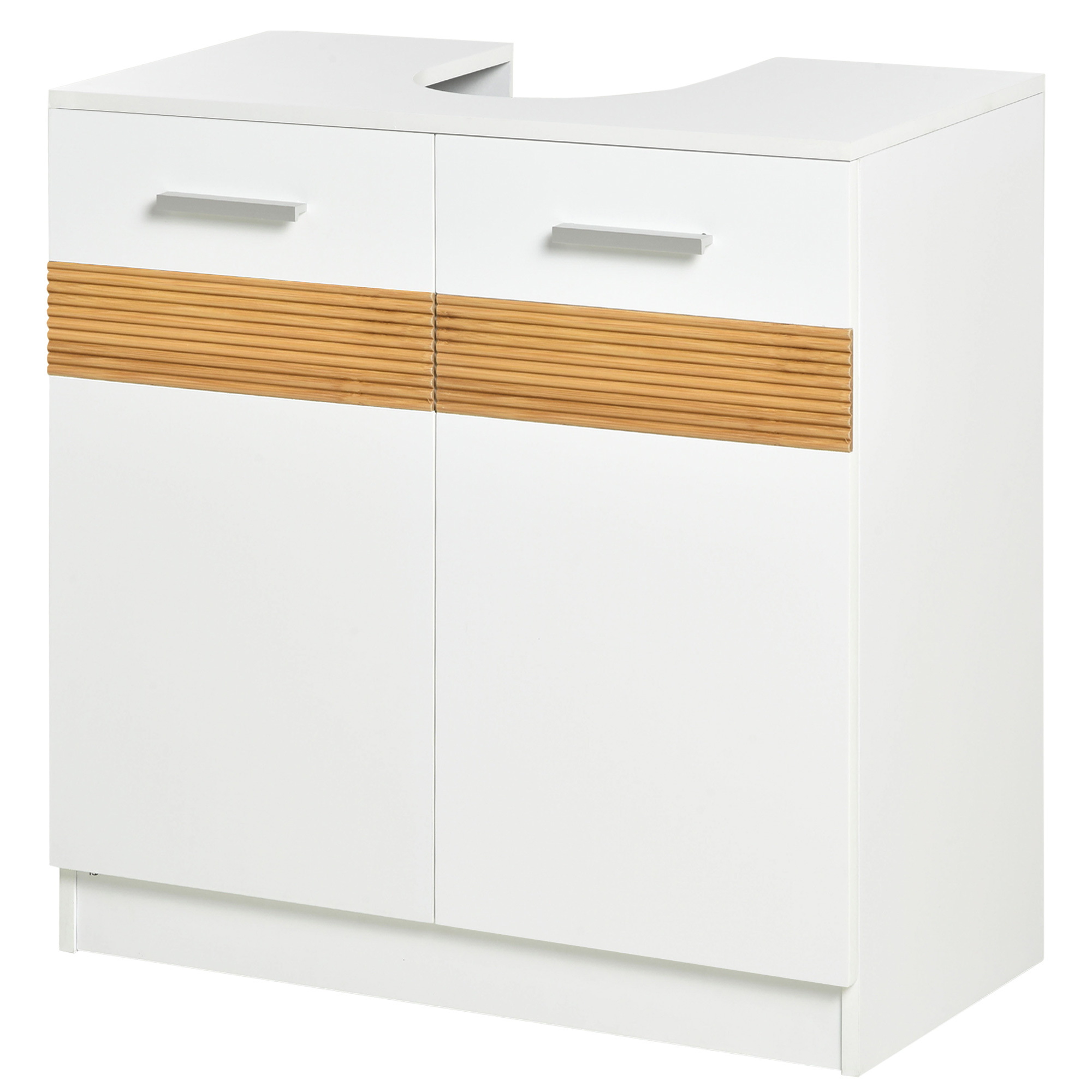 Kleankin Badezimmer Unterschrank - Waschtischunterschrank - gemütlicher schicker Stil mit 10 Bambusstreifen, 2-türigem Schrank mit Regal MDF Maße 60L x 30B x 60,5H cm weiß   Aosom