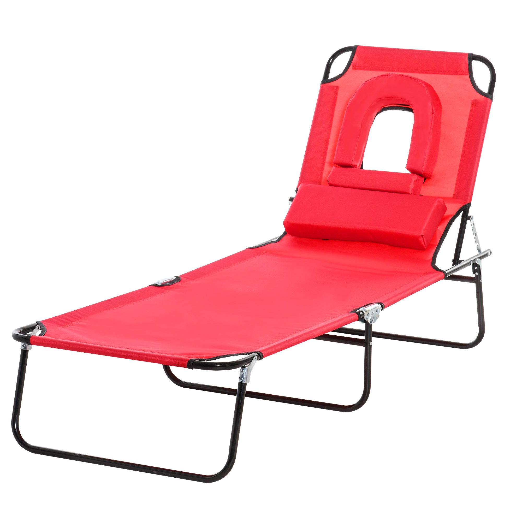 Outsunny Sonnenliege klappbarer Strandliege 4-fach verstellbare Gartenliege mit Leseloch 3 Kissen Rot Aosom