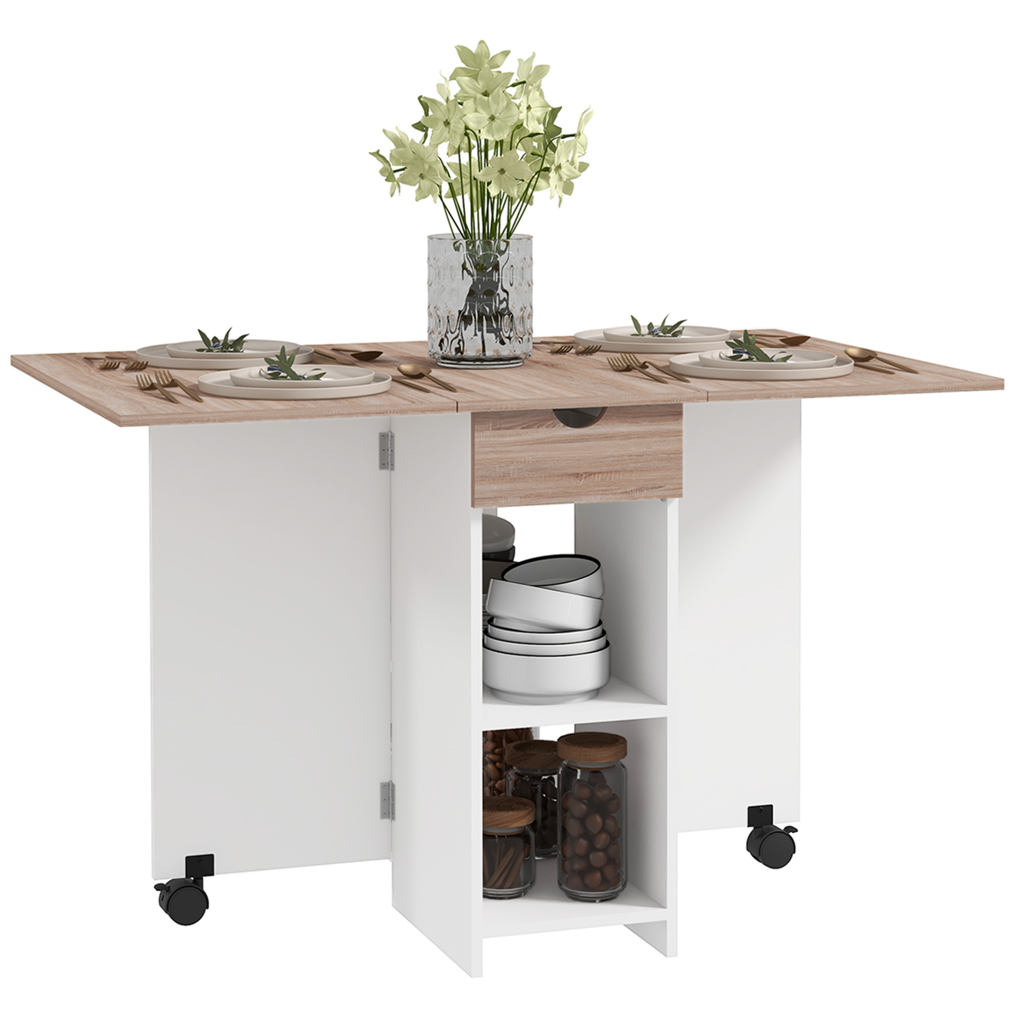 HOMCOM Ausziehbarer Esstisch, klappbarer Küchentisch, für 2 bis 4 Personen, ausziehbarer Tisch mit 2 Klappen, für kleine Räume, rechteckig, modernes Design, Eiche   Aosom