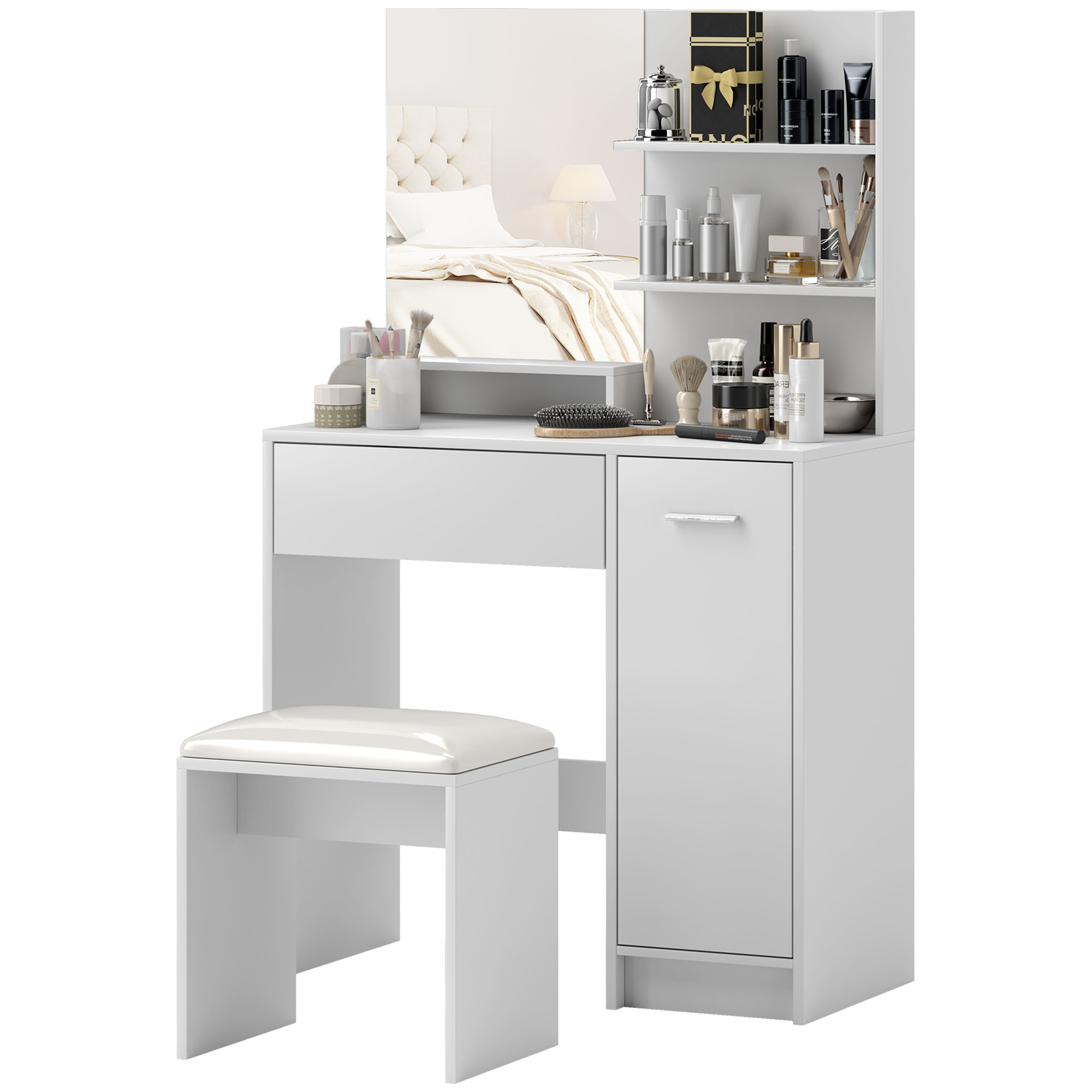 HOMCOM Frisiertisch-Set Schminktisch mit Spiegel und Hocker, Schublade, Aufbewahrungsschrank und verstellbarem Regal für Schlafzimmer, 80l x 40T x 132H cm, weiß Aosom