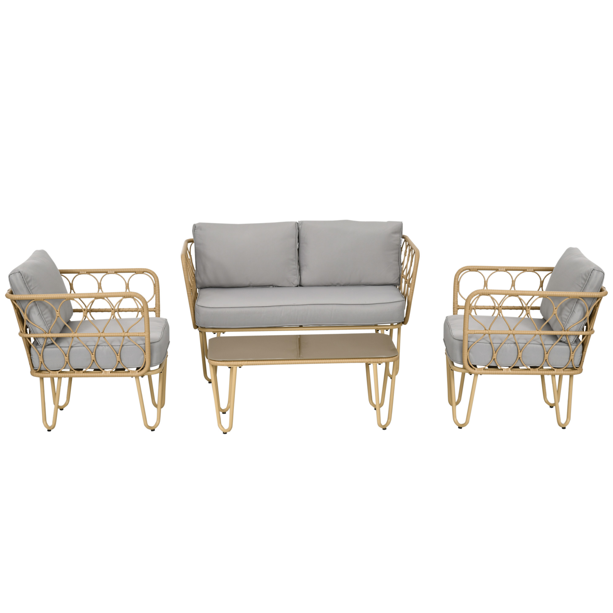 Outsunny Gartenmöbel-Set 4-teilig 2-Sitzer-Sofa + 2 Sessel + 1 Couchtisch mit gehärteter Glasplatte 7 Kissen - Metall und Polyrattan - Beige Aosom