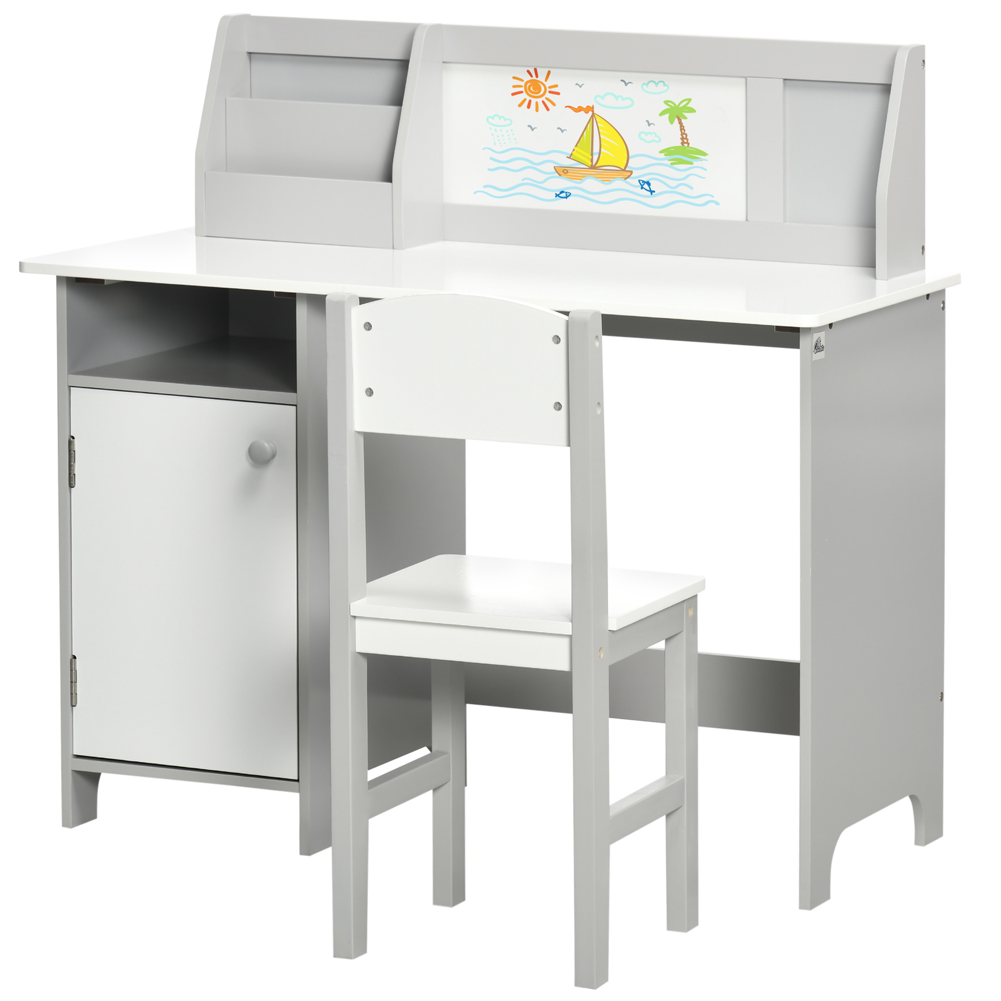HOMCOM Kinder-Schreibtisch-Set mit Whiteboard - Schreibtisch für Kinder +5 Jahre 90L x 45B x 85H cm Grau   Aosom