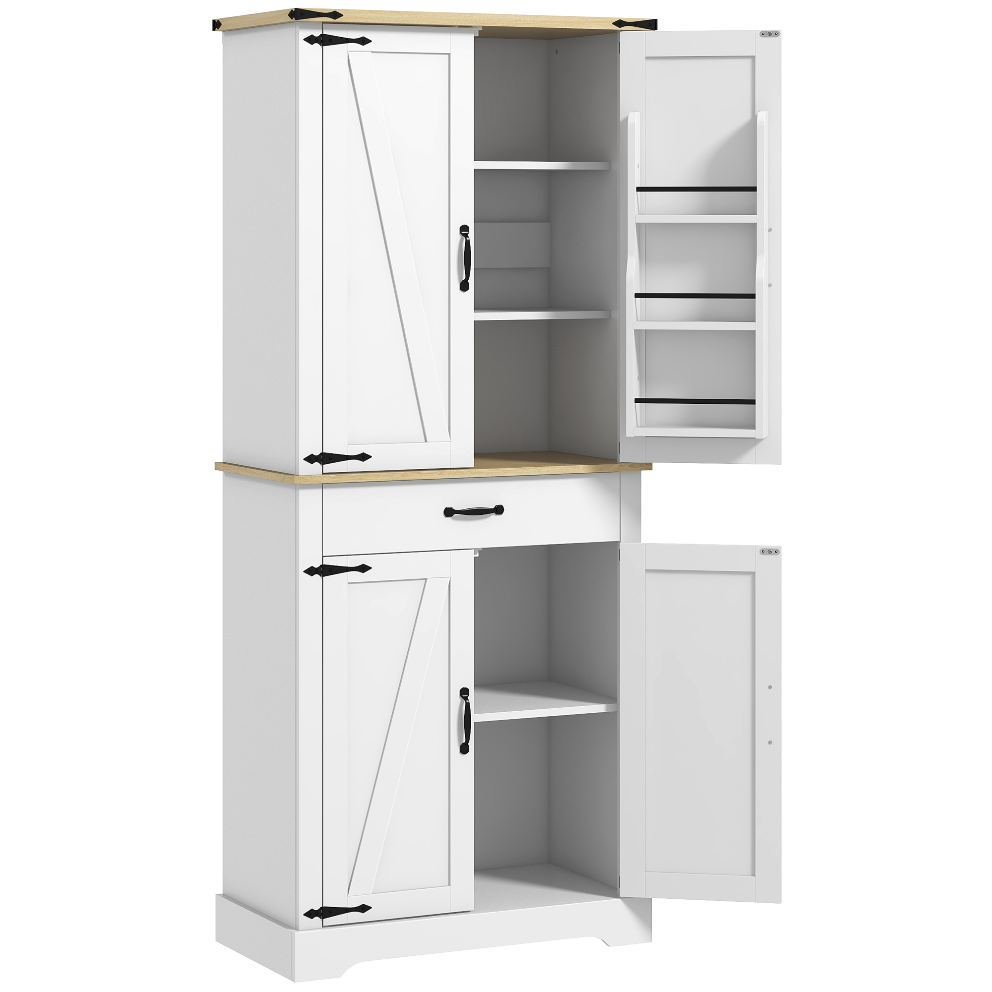 HOMCOM Küchenschrank Buffet Küche Vorratsschrank Aufbewahrung, mit 4 Türen, 6 Türregale, 1 Schublade und verstellbaren Regalen, multifunktional, 76,5 x 40 x 181 cm, weiß   Aosom