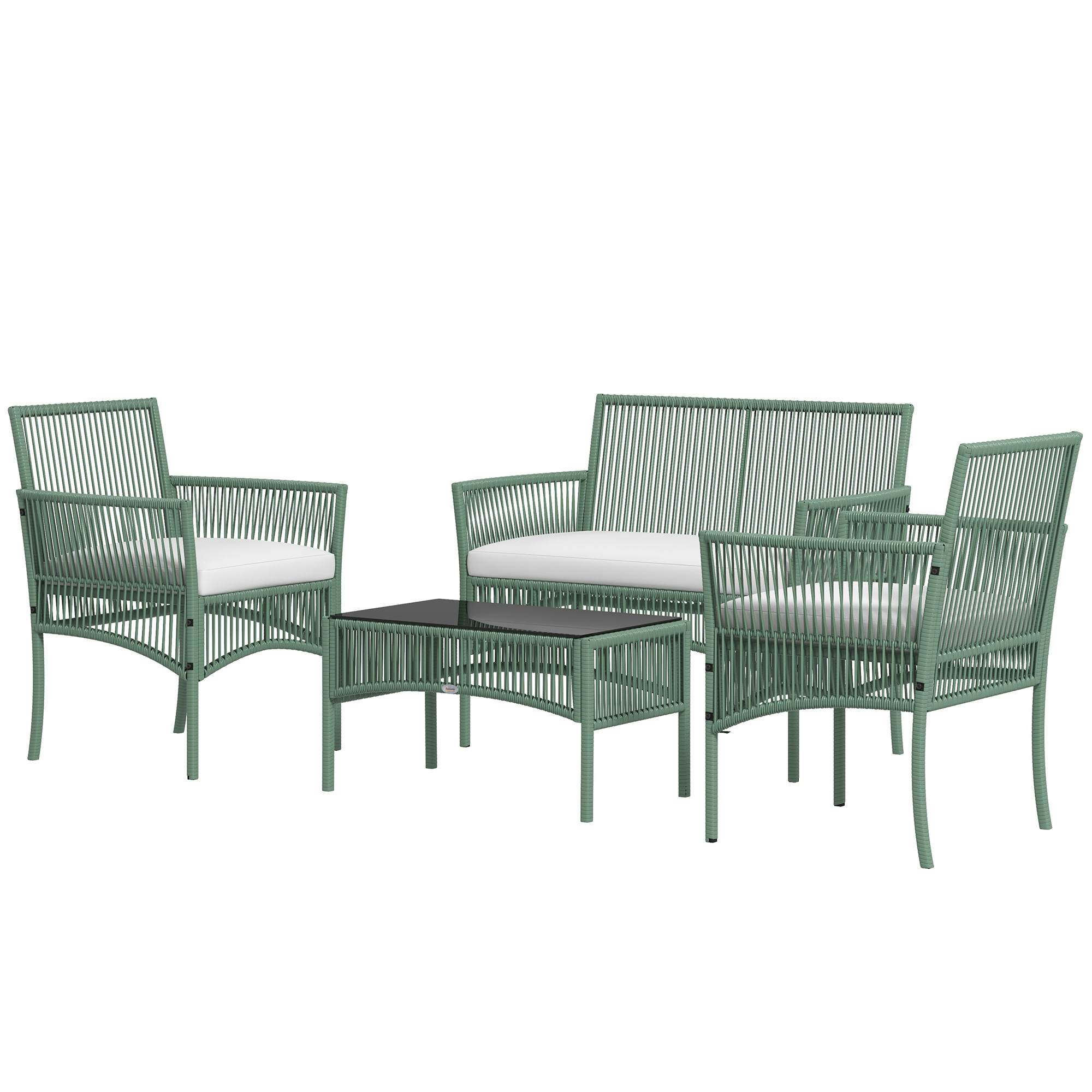 Outsunny Gartenmöbel-Set 4-teilig Sofa 2-Sitzer + 2 Sessel + 1 Couchtisch gehärtete Glasplatte schwarz 3 Sitzkissen - Metall und PE-Rattan - Grün Aosom