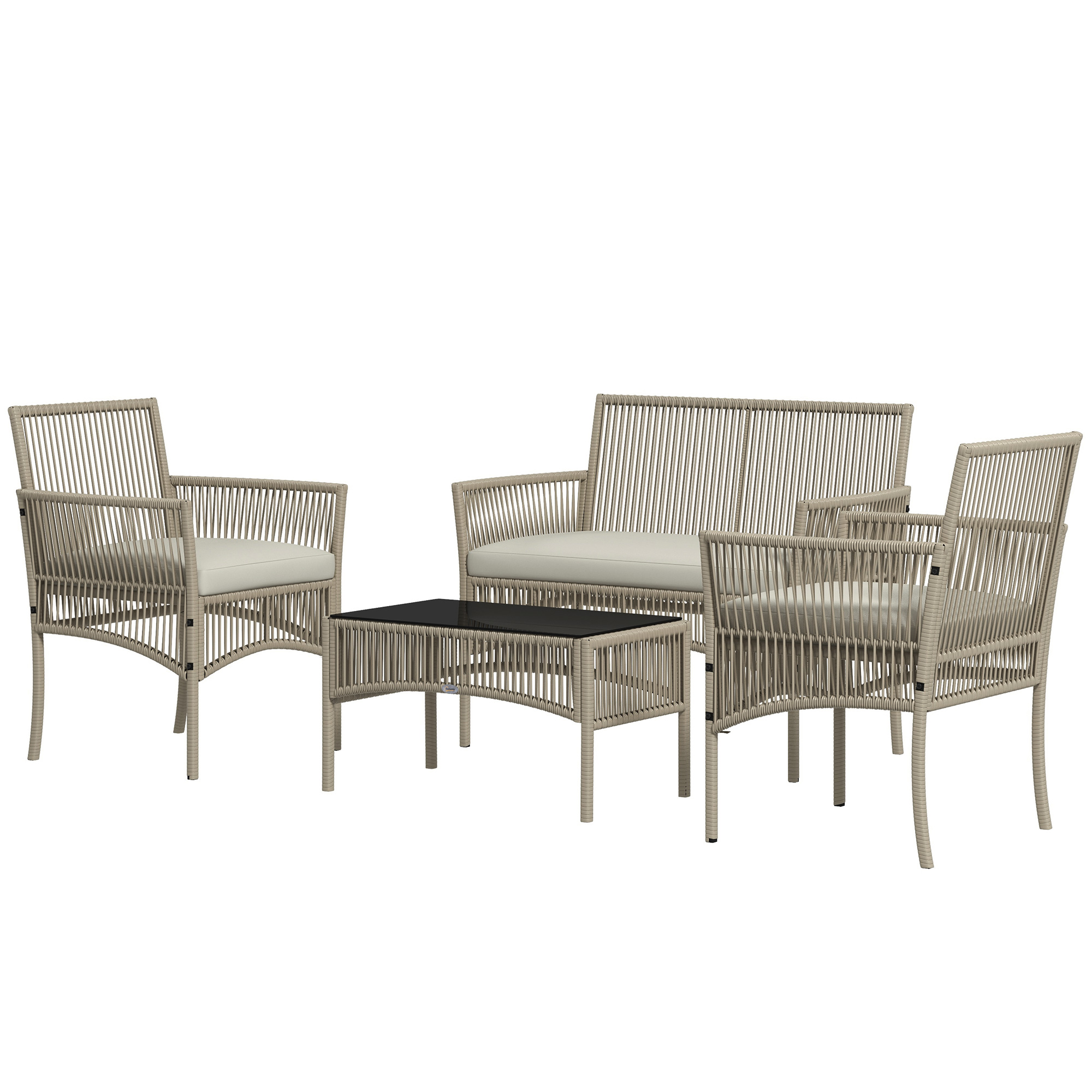 Outsunny Gartenmöbel-Set 4-teilig 2-Sitzer-Sofa + 2 Sessel + 1 Couchtisch mit schwarzer gehärteter Glasplatte 3 Sitzkissen - Metall und PE-Rattan - Khaki Aosom