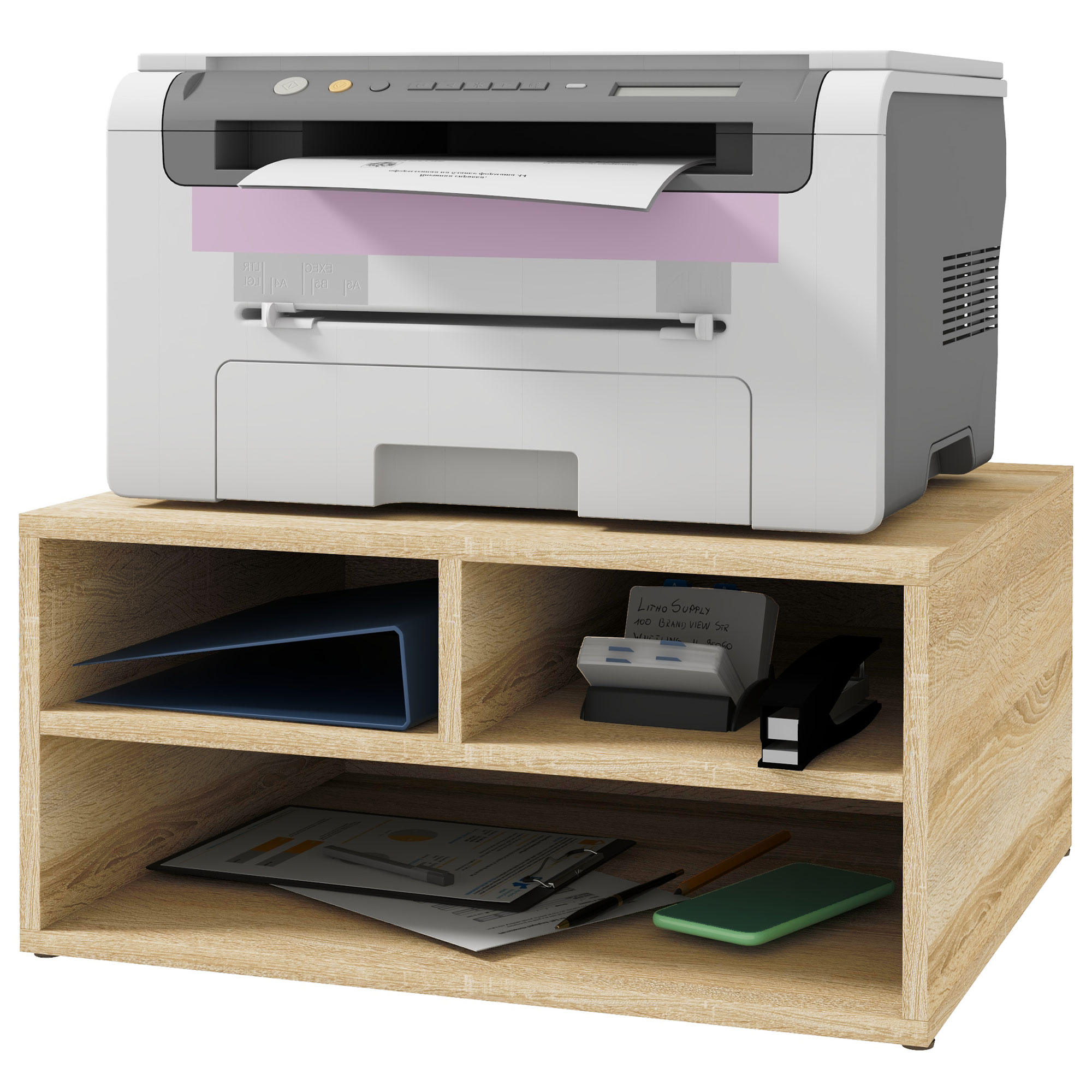 HOMCOM Büroorganisator in Holzoptik mit 3 Fächern für Drucker Zubehörständer Abmessungen 47L x 40B x 22,5H cm   Aosom