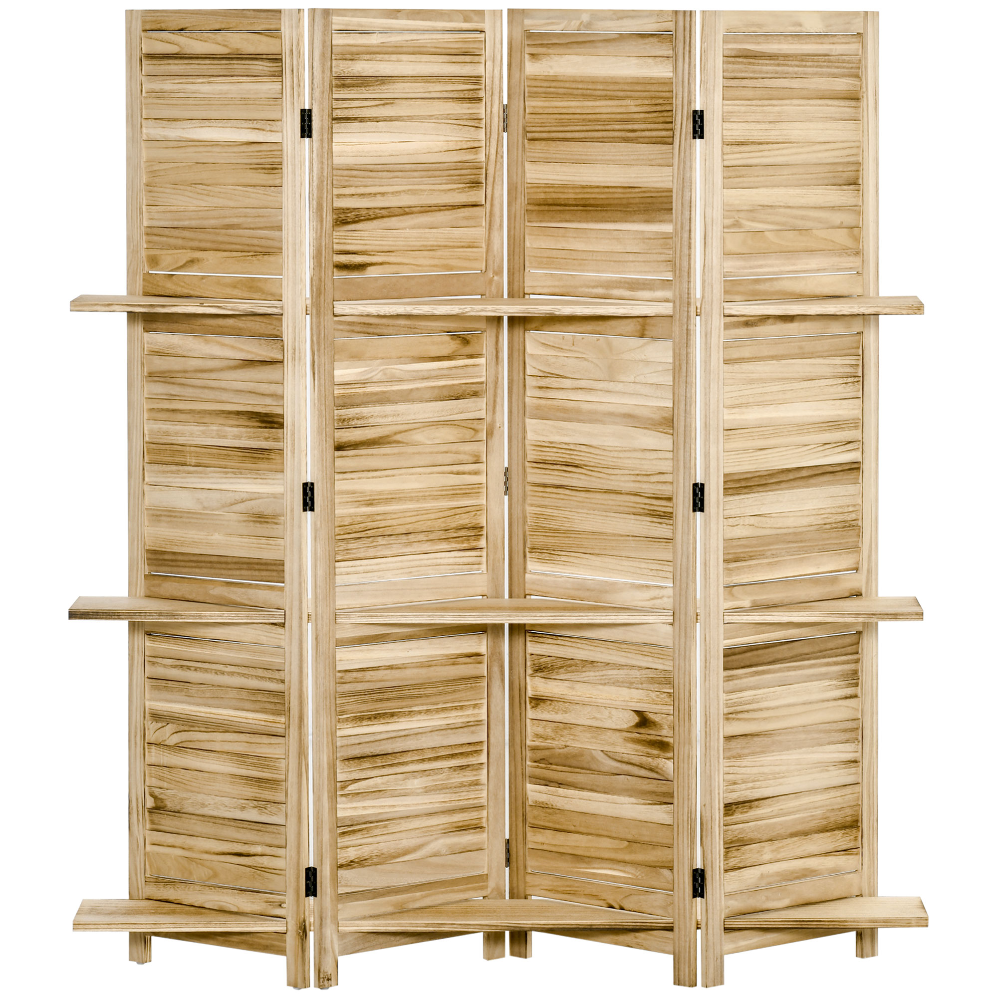 HOMCOM Innenraum-Paravent 4 Panels 162 B x 170 H cm 3 Regale faltbarer Raumteiler Lamellentüren Paulownia-Holz Kiefernautoklav-Optik Aosom