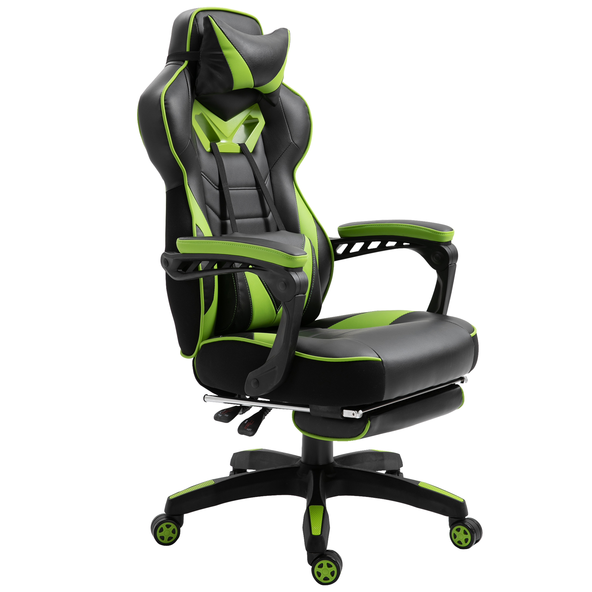 Vinsetto Ergonomischer Gaming-Bürostuhl, Bürostuhl mit Fußstütze, Kopfstütze und Lendenkissen, Höhenverstellbar, Schwarz und Grün Aosom