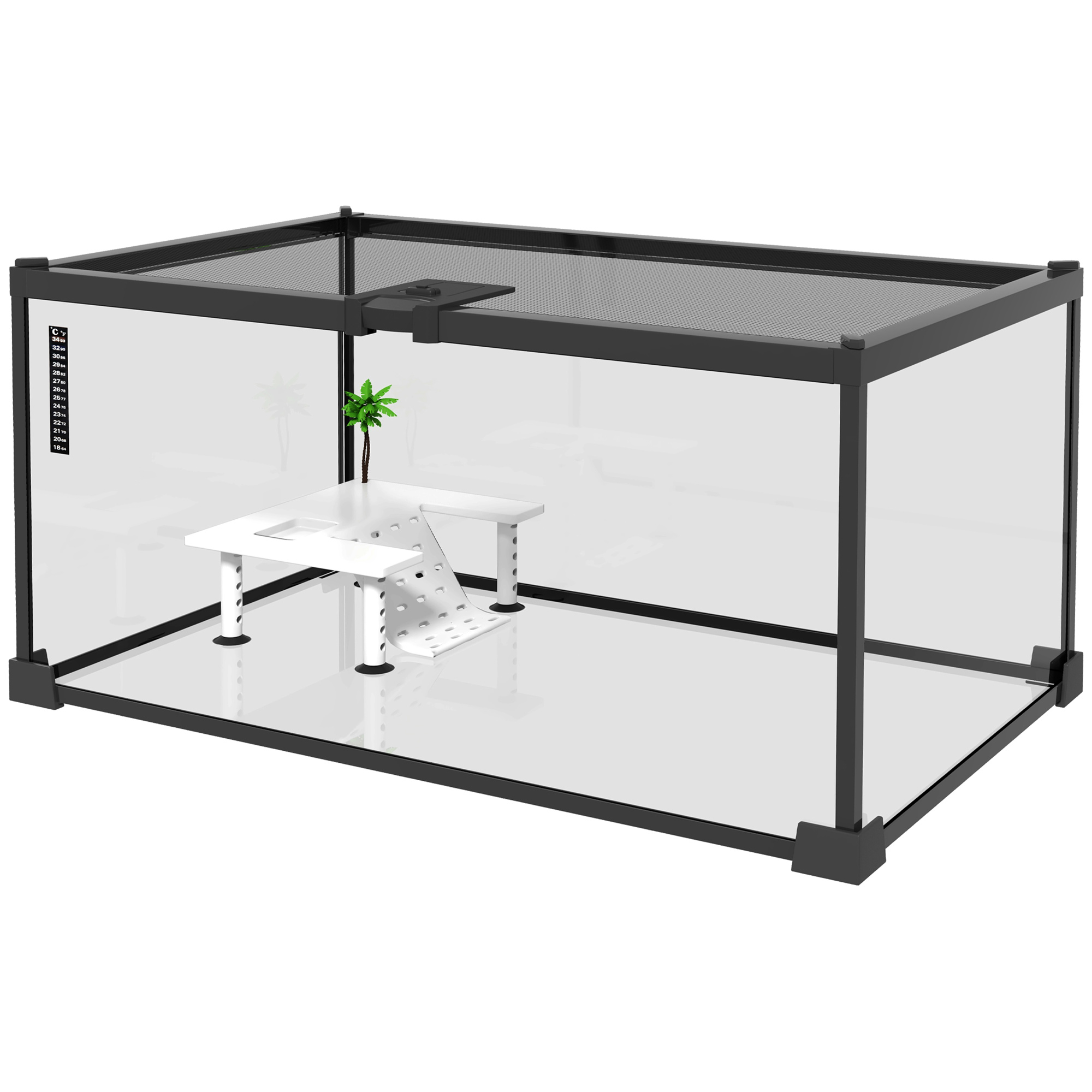 PawHut Reptilienbox Schildkröten Aquarium Terrarium Behausung Transparenter Schiebedeckel Drahtgitter Thermometer Plattform mit Rampe, Kokospalmen Dekoration und Futtertrog inklusive Glas Metall Aosom