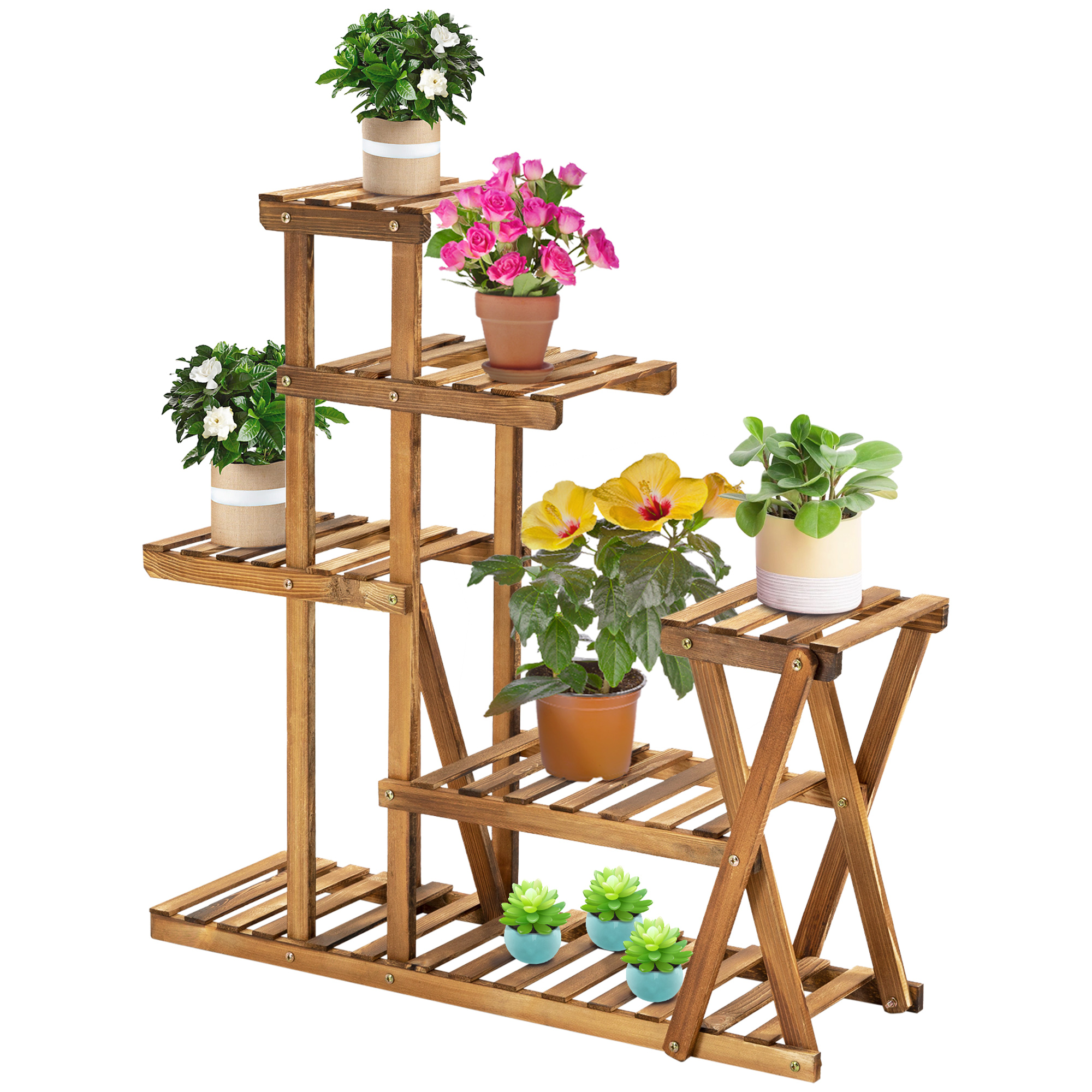 Outsunny Blumenregal aus Holz Pflanzenständer Blumenständer 6 Regale - Maße 98L x 28B x 95H cm - Verkohltes Kiefernholz für Innen Garten Terrasse Balkon   Aosom