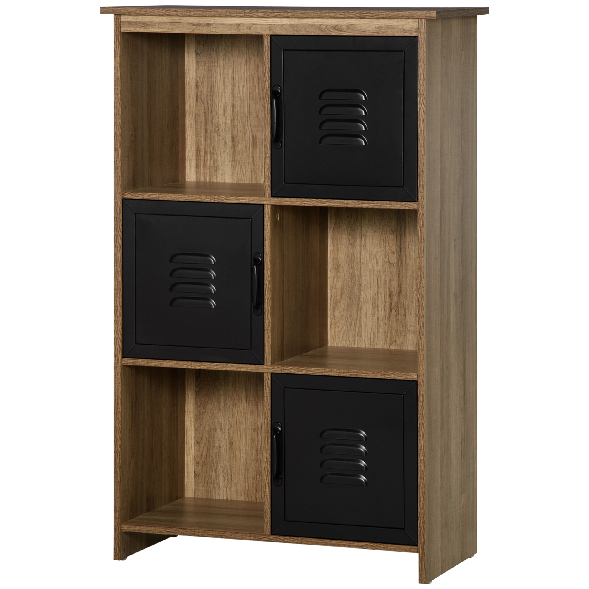 HOMCOM Industrielles Design-Bücherregal - Aufbewahrungsmöbel 3 Fächer 3 Schränke - Holzoptik mit schwarzen Metalltüren Aosom
