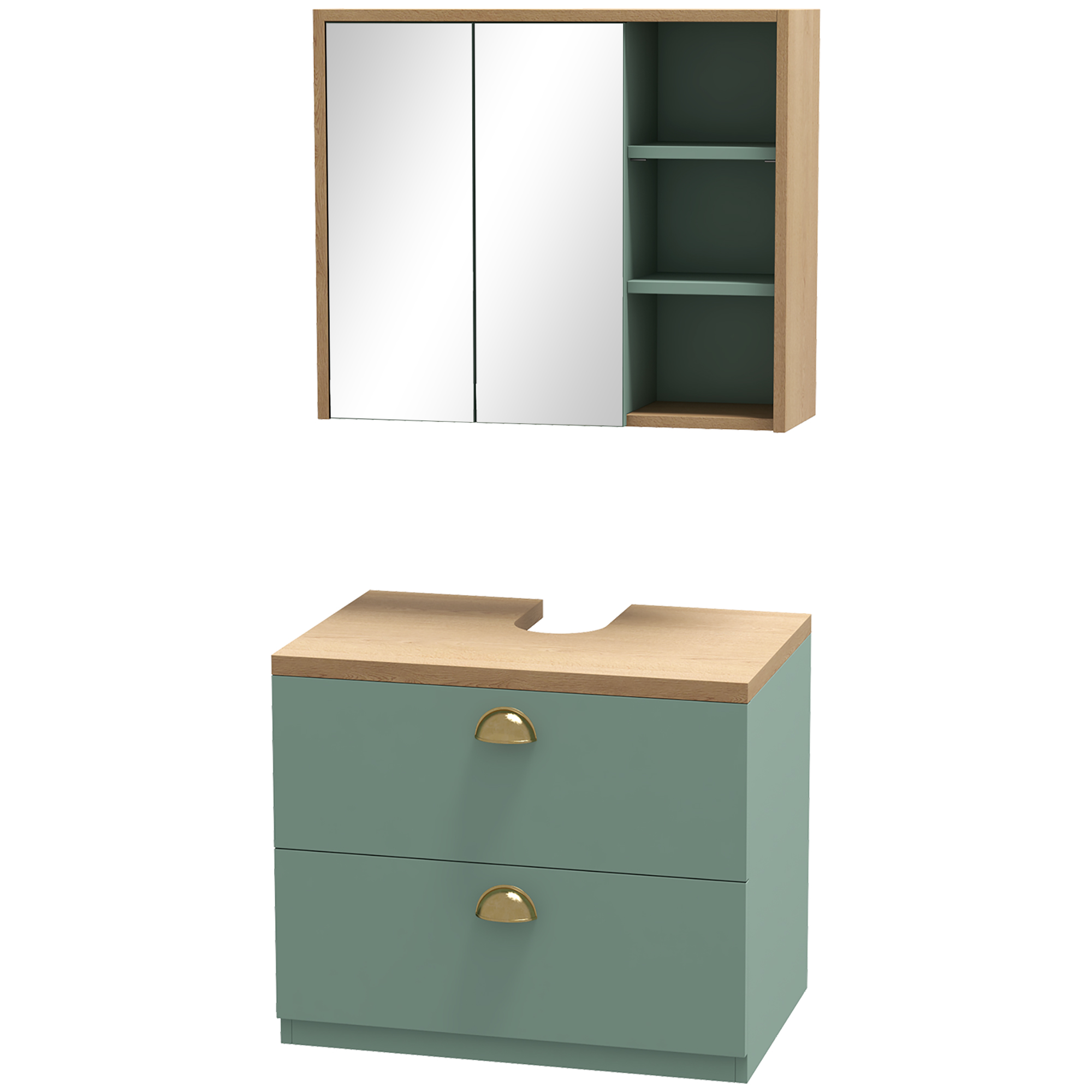 Kleankin Badezimmermöbelset Spiegelschrank Badezimmer + hängender Unterschrank mit verstellbaren Regalen 2 Schubladen skandinavisches Design grün   Aosom