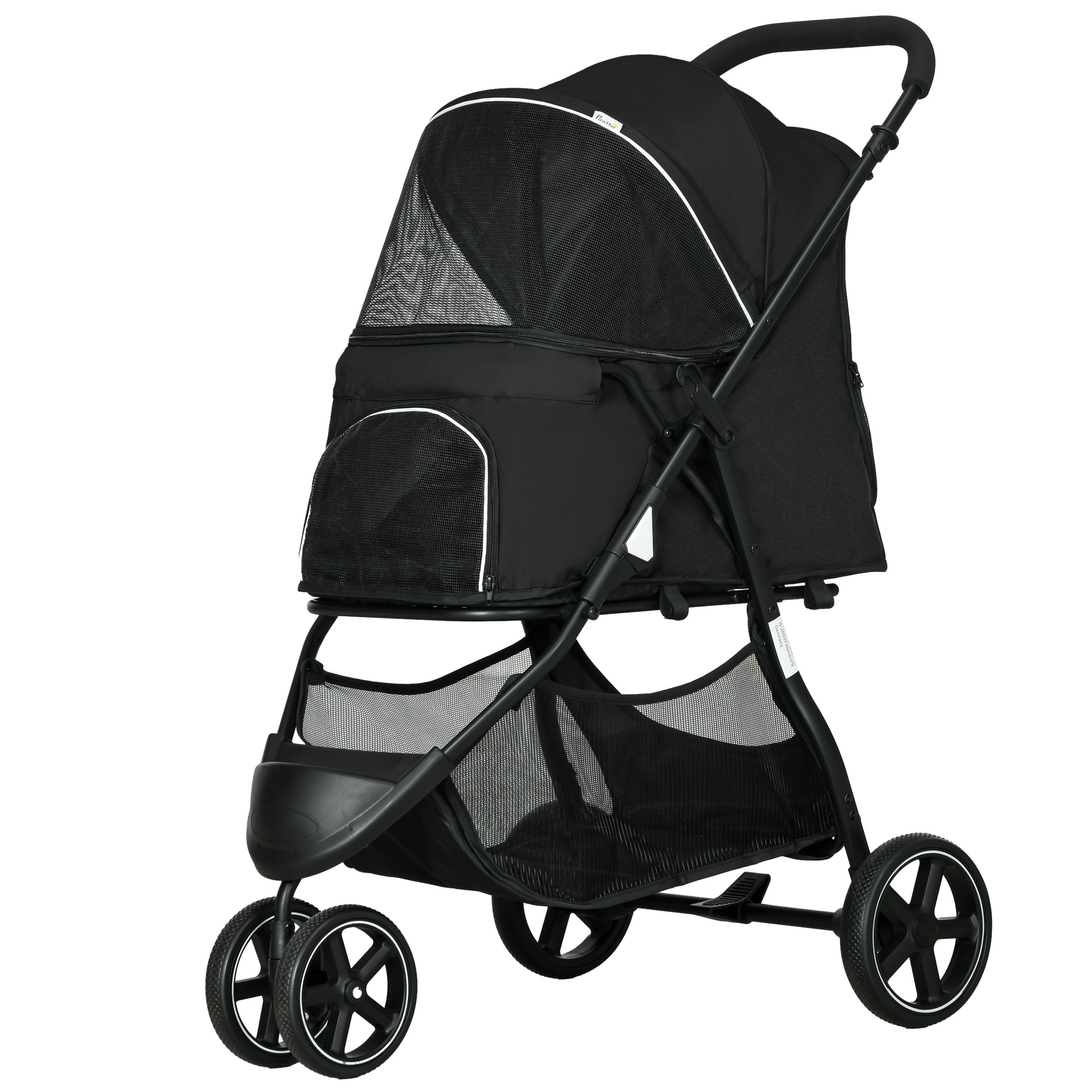 PawHut Hundekinderwagen, Katzenbuggy für Haustiere, zusammenklappbar, mit 2 Leinen, EVA-Räder, verstellbarer Griff, Korb, 83 x 55 x 101 cm, schwarz   Aosom