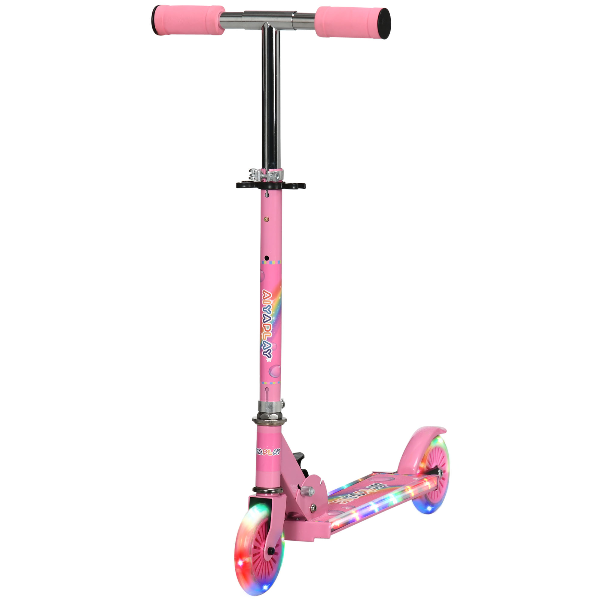 HOMCOM Kinderroller für Kinder von 3 bis 7 Jahren klappbar mit leuchtenden PU-Rädern, 12 LEDs, Musik, höhenverstellbarer Lenker in 4 Positionen, Reibungsbremse, Rosa   Aosom