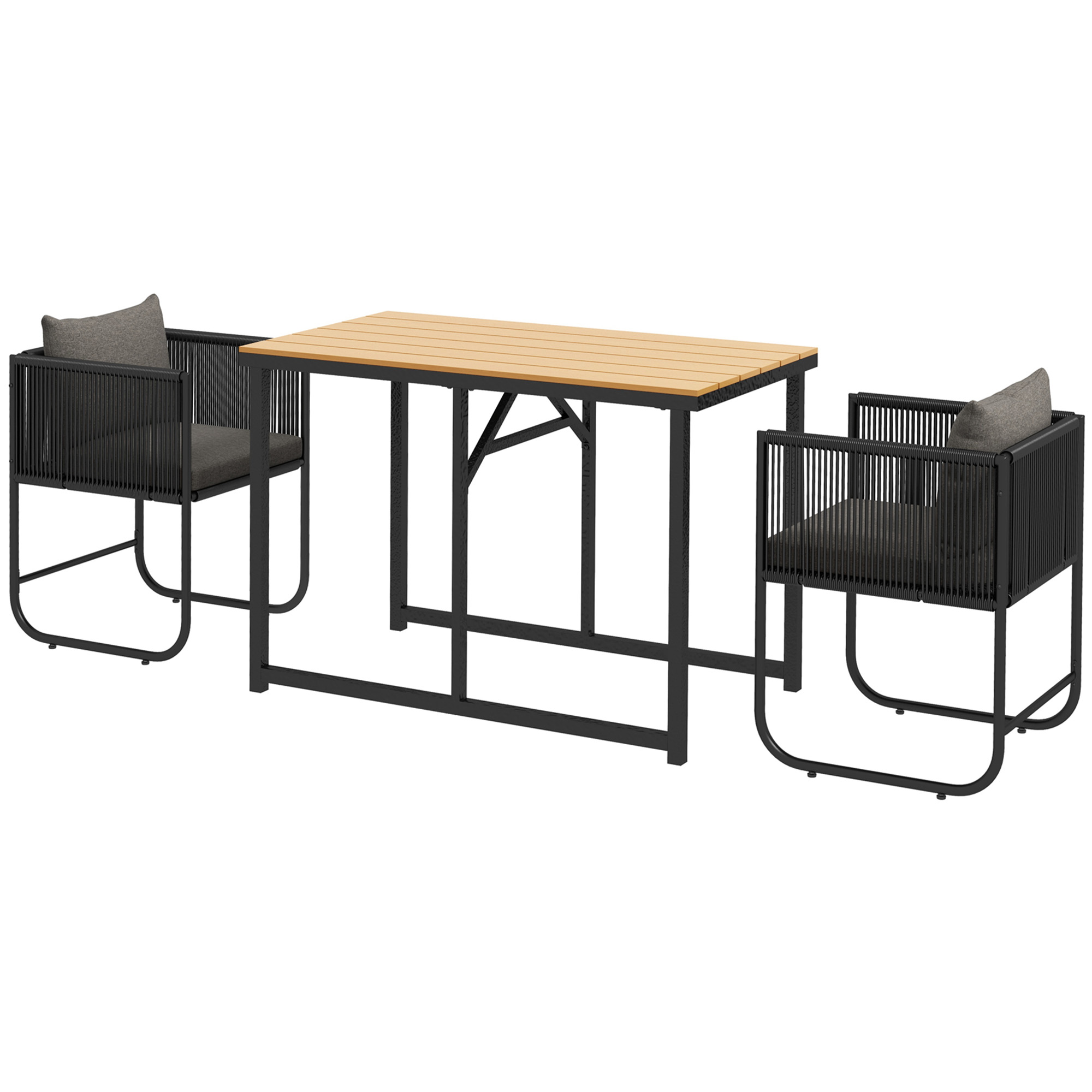 Outsunny Gartenmöbel Set 3-teilig für den Außenbereich mit 1 Tisch und 2 Sesseln 4 Kissen Tisch aus Verbundwerkstoffplatte mit Holzoptik schwarz Aosom