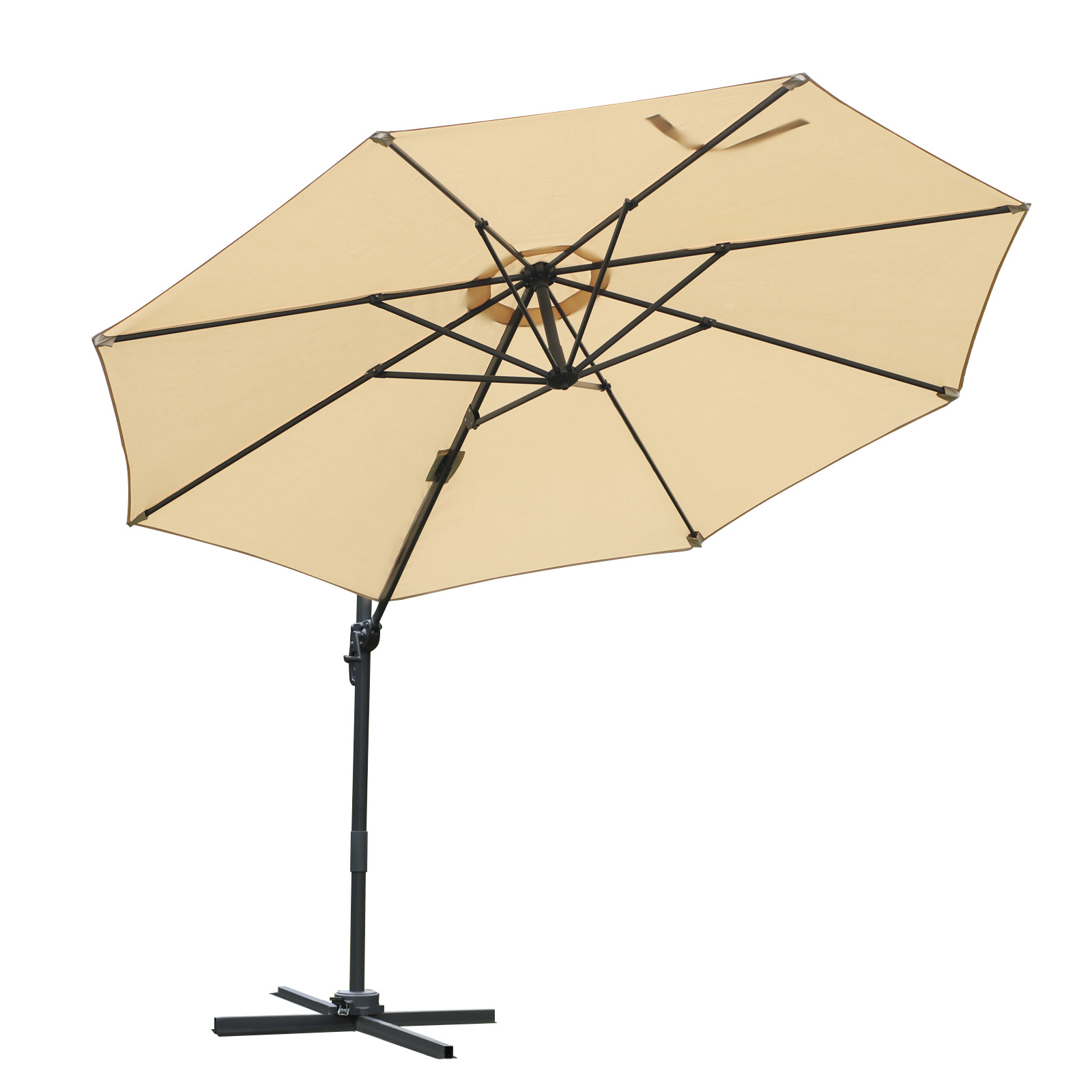 Outsunny Freischwebender drehbarer Sonnenschirm Octogonal neigbar 360° mit Kreuzfuß 8 Streben Kurbel inklusive Aluminiumständer Stahl Ø 3 x 2,5H m beige Aosom
