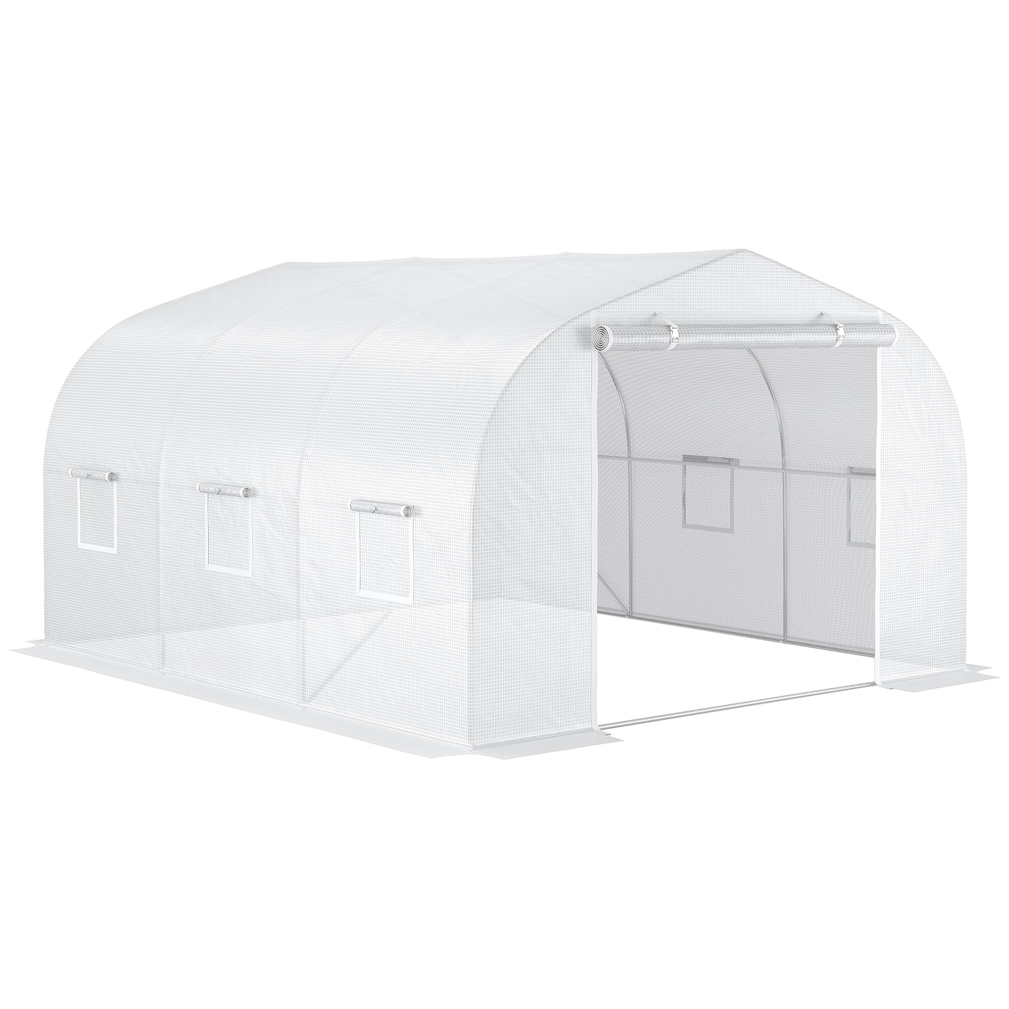 Outsunny Garten-Tunnelgewächshaus dim. 3,5L x 3B x 2H m Tür + 6 aufrollbare Fenster Verzinkter Stahl PE-Hochdichte-Plane Weiß   Aosom