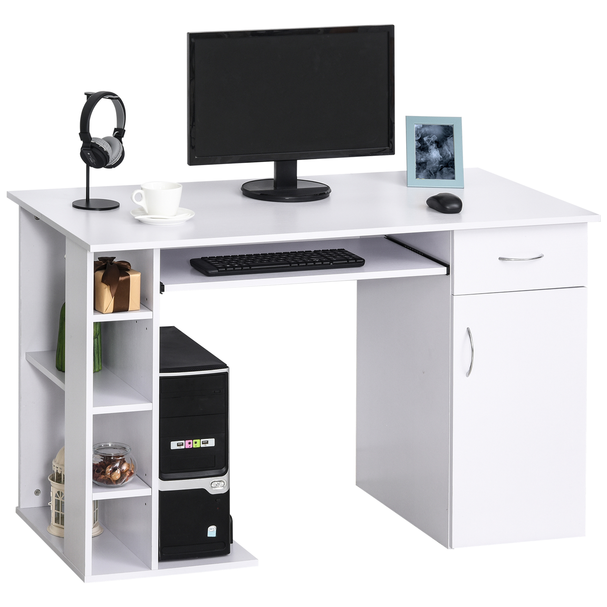 HOMCOM Computertisch Bürotisch Multimedia Schreibtisch mit Stauraum Schublade Tastaturablage MDF 120 x 60 x 74 cm Weiß   Aosom