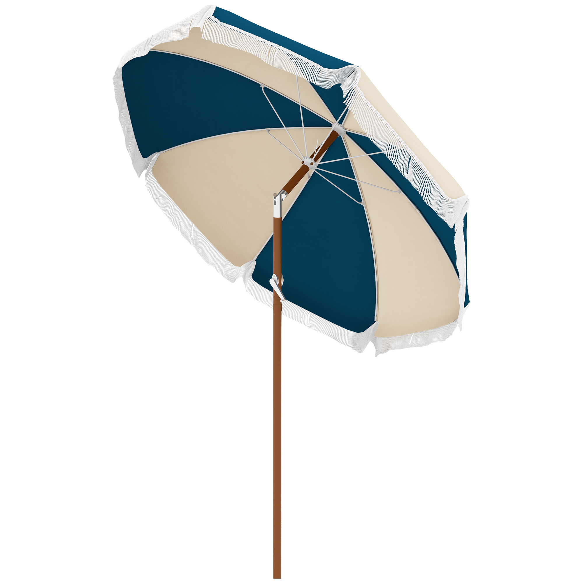 Outsunny Gerader Sonnenschirm neigbarer Garten-Sonnenschirm rund Ø 213 cm mit Fransen Polyester hoher Dichte UV-beständig abnehmbarer Mast 8 Streben - Vintage-Stil - Blau und Beige   Aosom