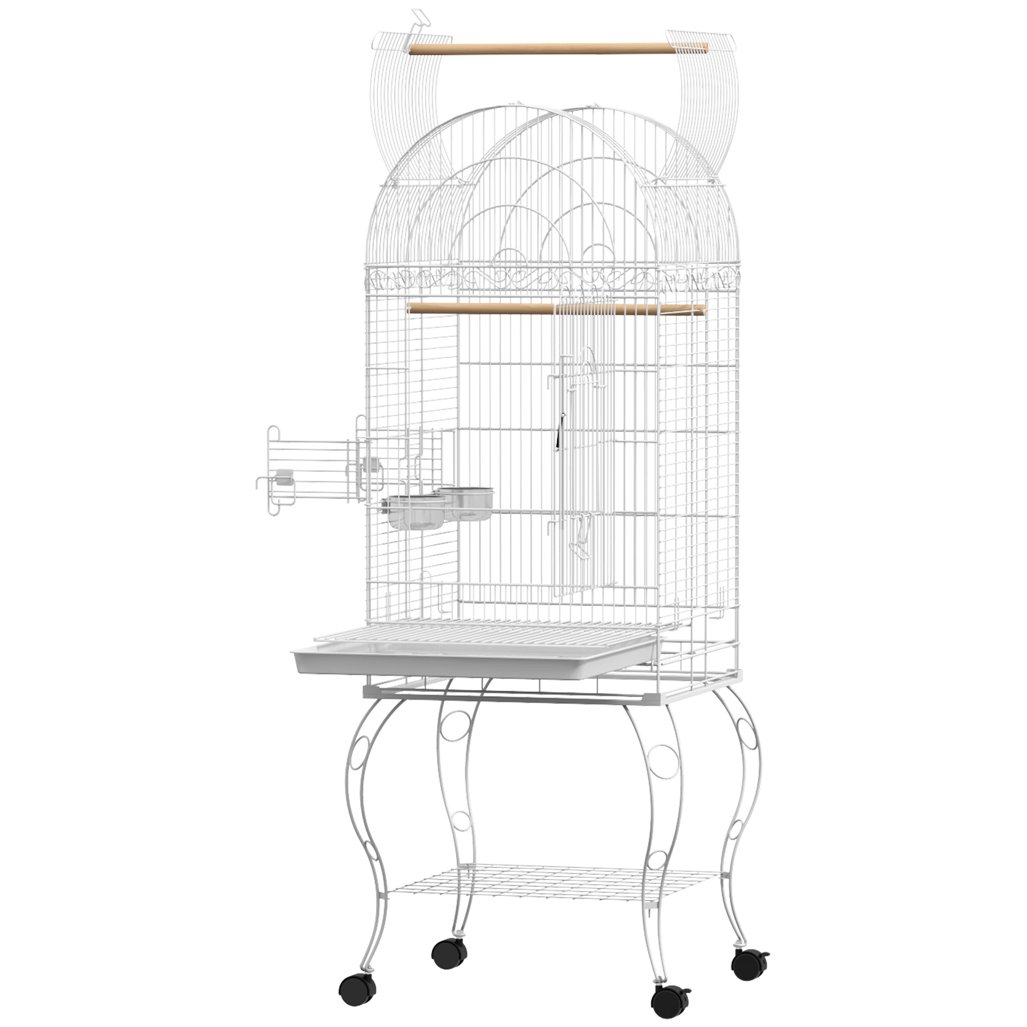 PawHut Vogelkäfig auf Rollen mit Regal, Gitter und herausnehmbarem Tablett 2 Edelstahlnäpfe, Wellensittich Sitzstange 51 x 51 x 153 cm weiß   Aosom