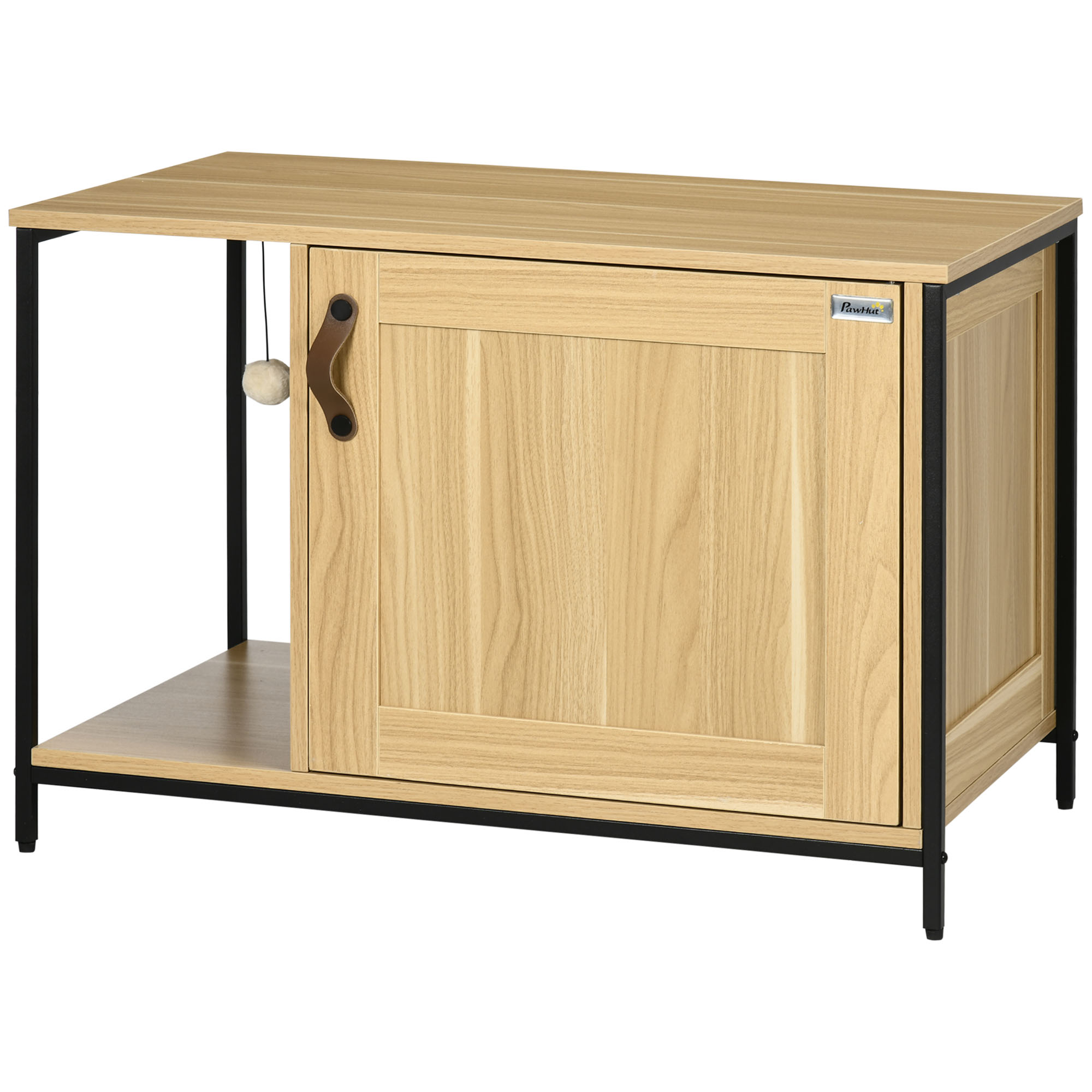 PawHut Katzentoilette Schrank Versteckte Katzenklo Möbel Industriestil Seiteneingangsklappe Hängende Kugel Stahlrahmen Holzoptik hell   Aosom