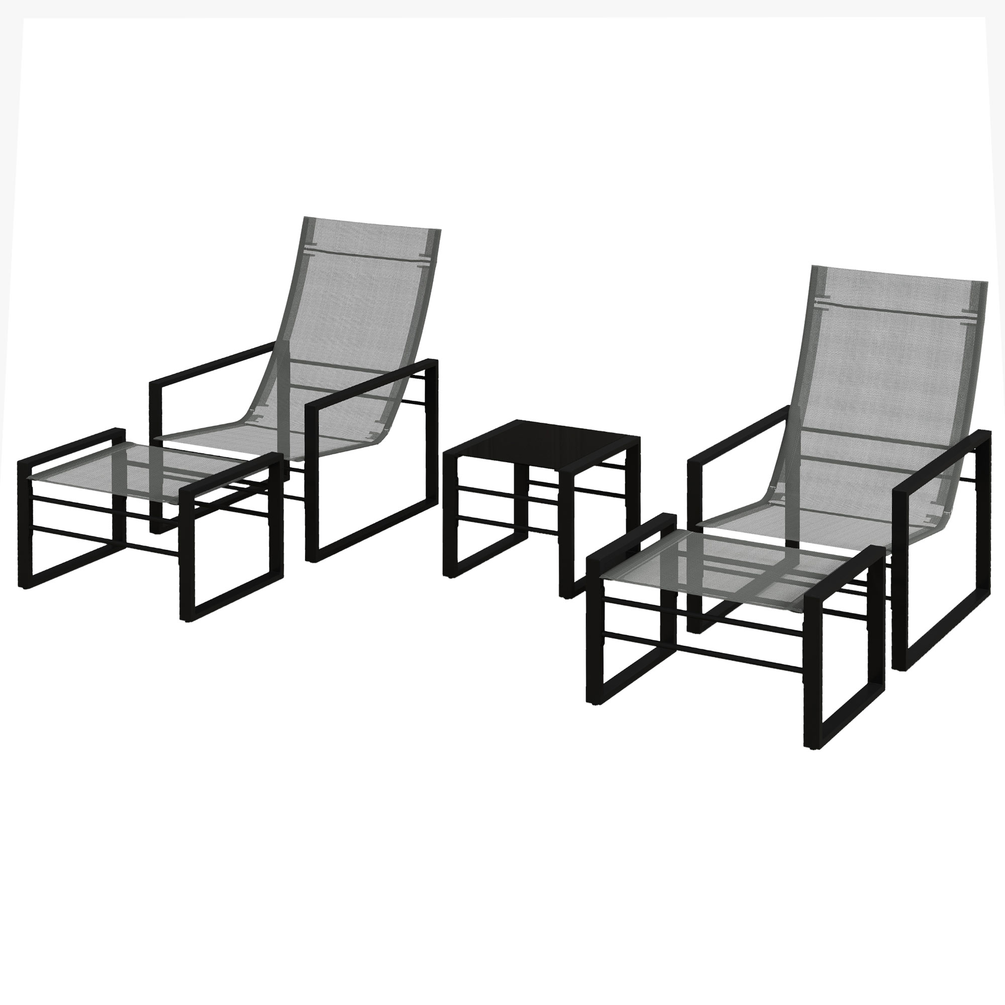 Outsunny Gartenmöbel 5-teilig Set Tisch und Stühle für den Garten 2 Plätze mit 2 Sesseln, 2 Fußhockern und 1 Tisch, schwarzes Metall, graues Mesh-Sitzkissen Aosom