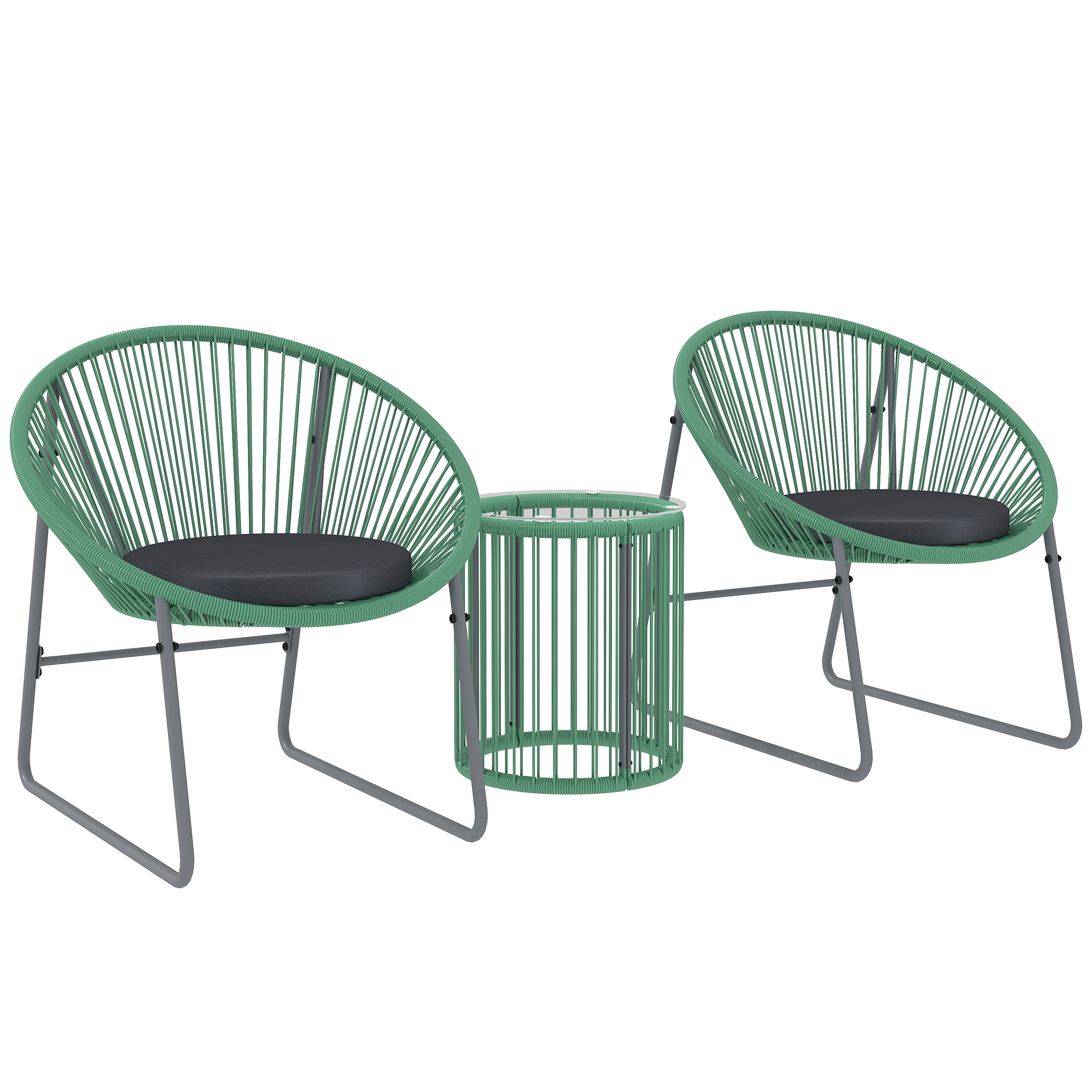 Outsunny Polyrattan Gartenmöbel Set, Outdoor Lounge Balkonmöbel für 2 Personen, 3-teilig Sitzgruppe mit 2 Stühle, Beistelltisch, Kissen, wetterfest Gartenlounge für Garten, Terrasse Balkon, Grün   Aosom