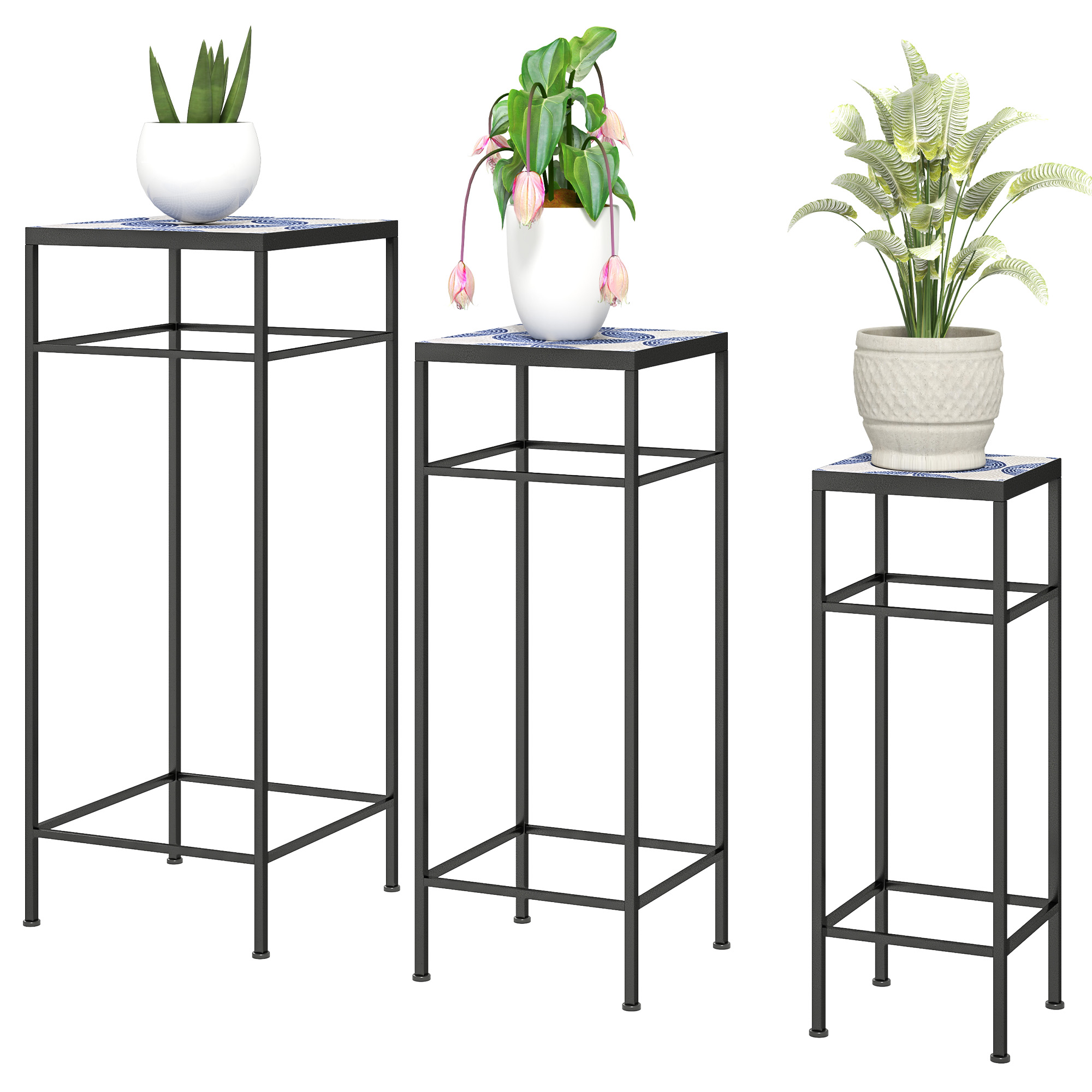 Outsunny 3er-Set Pflanzenständer, 71 cm hoch Blumenständer für Innen, Pflanzenregal aus Metall, 3 verschieden große Blumenregal, Blumenhocker, Blumentopfständer für Wohnzimmer Garten Balkon Blau+Weiß Aosom