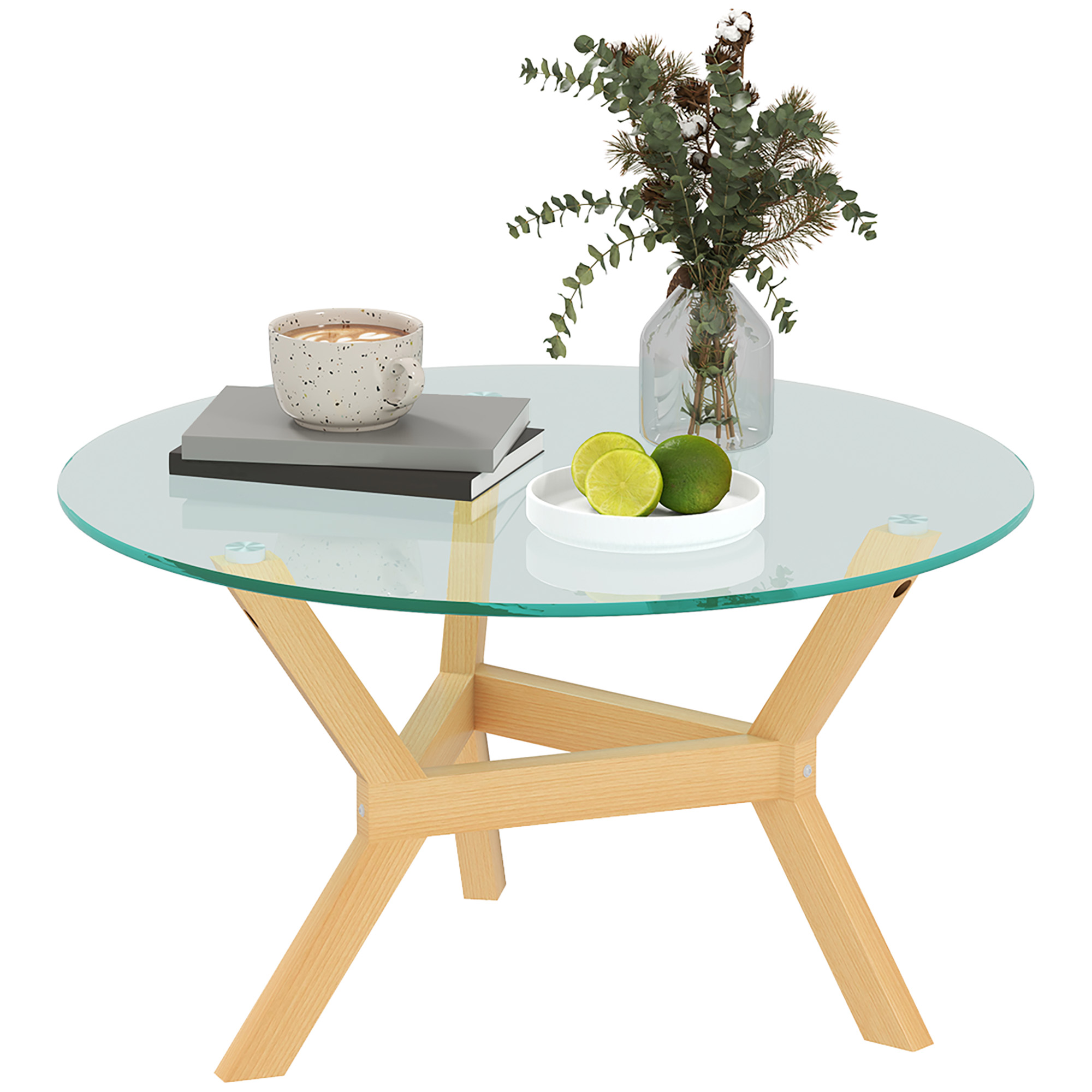 HOMCOM Couchtisch aus Hartglas, Wohnzimmertisch mit verstellbaren Fußpolstern und Stahllrahmen, runder Beistelltisch für Wohnzimmer, Transparent, Ø80 x 45 cm Aosom