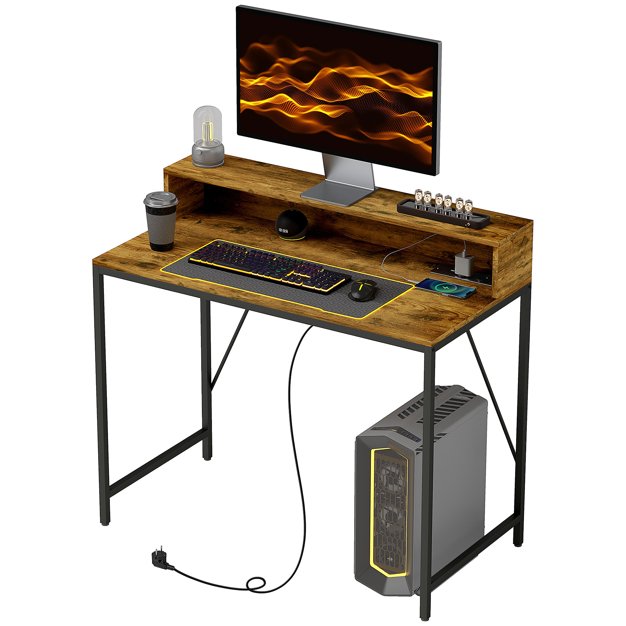 HOMCOM Computertisch, Schreibtisch mit Anschlüssen, Bürotisch mit Monitorfläche und Ablage, PC Tisch für Büro, Arbeitszimmer, 100 x 50 x 90,5 cm, Rustikales Braun   Aosom