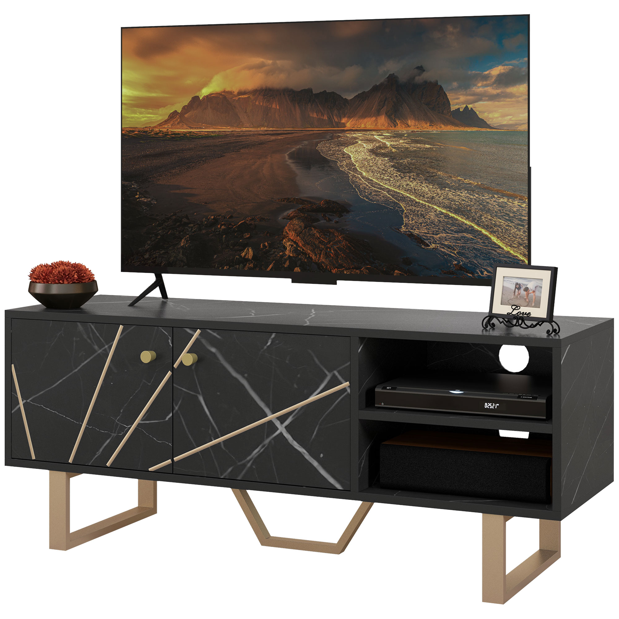HOMCOM TV-Schrank TV-Ständer für Fernseher bis zu 50 Zoll mit Schrank, verstellbarem Regal und Kabeldurchführungen, Maße 110B x 35T x 45H cm in Schwarz mit Marmoroptik   Aosom