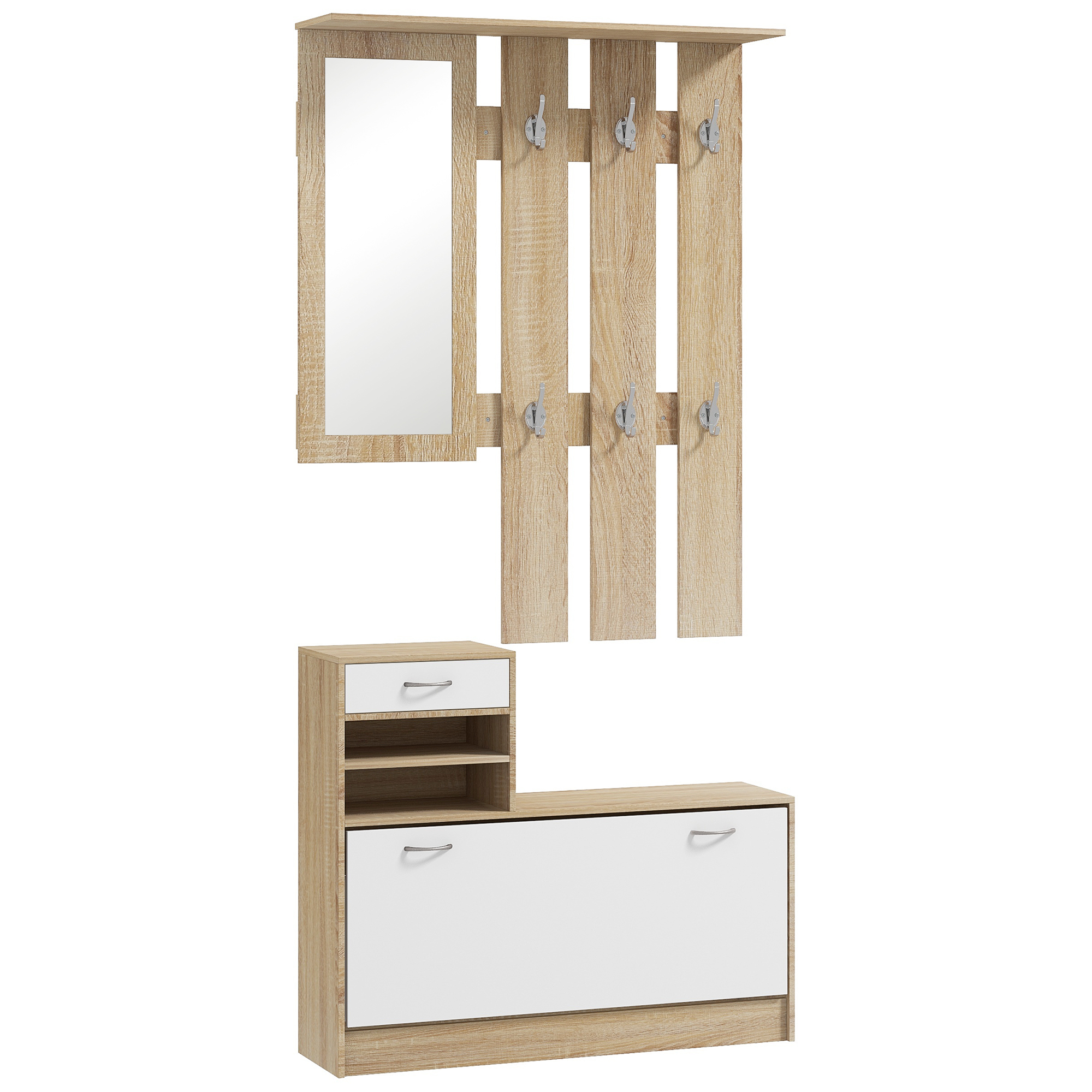 HOMCOM 3-in-1 Entryway Möbel Set Garderobe mit Garderobenpaneel, Spiegel und Schuhschrank - 6 Haken und verstellbares Regal, natürliches Holz und Weiß   Aosom