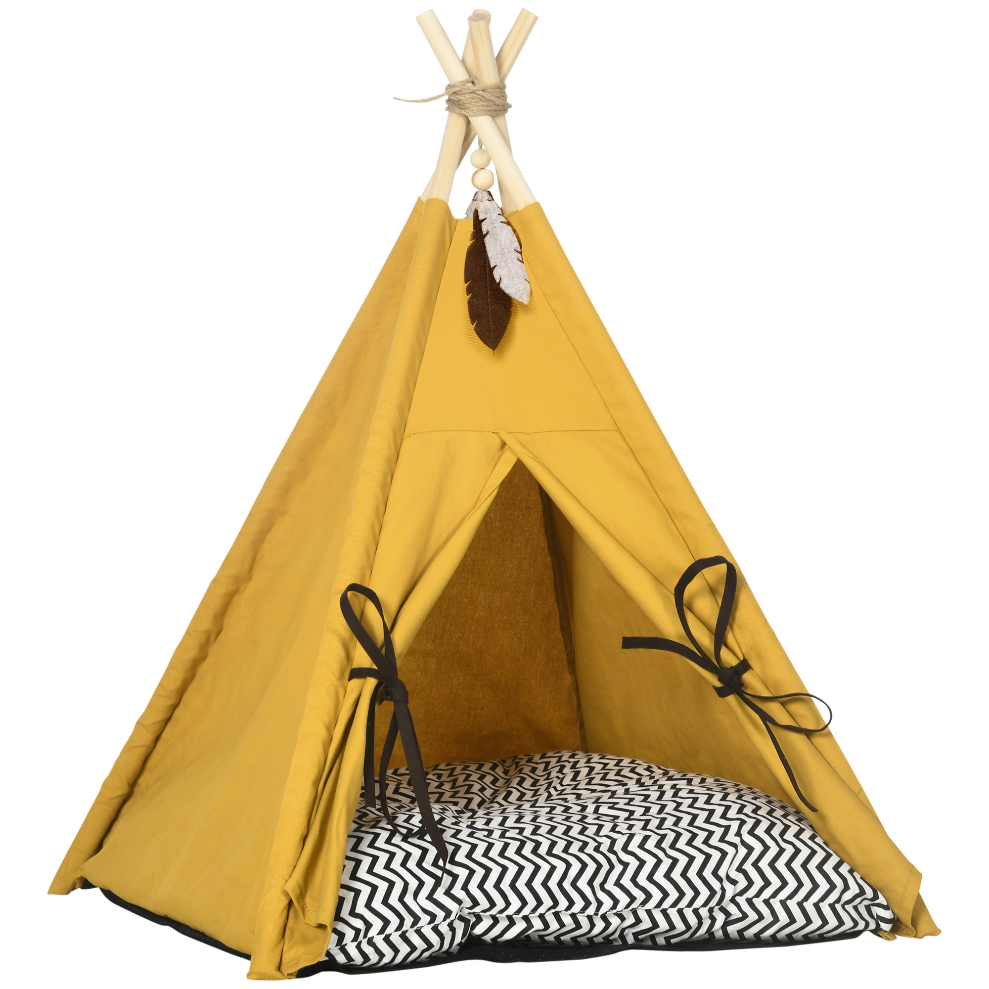 PawHut Katzenhaus Tipi-Zelt Hundebett mit Kissen, rutschfest, mit Spielball, aus Kiefernholz, Indoor in Gelb Aosom