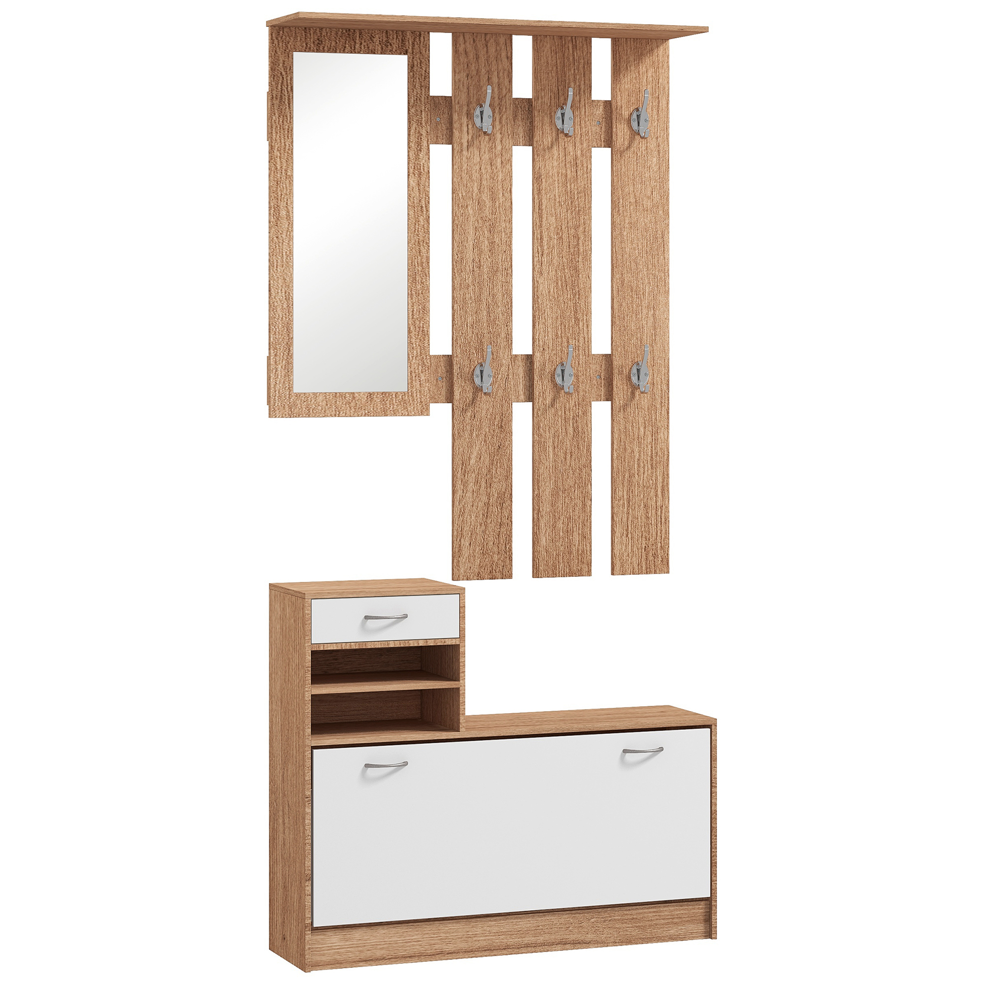 HOMCOM 3-in-1 Eingangsmöbelset Garderobe mit Garderobenpaneel, Spiegel und Schuhschrank - 6 Haken und verstellbares Regal, Nussbaum und Weiß Aosom