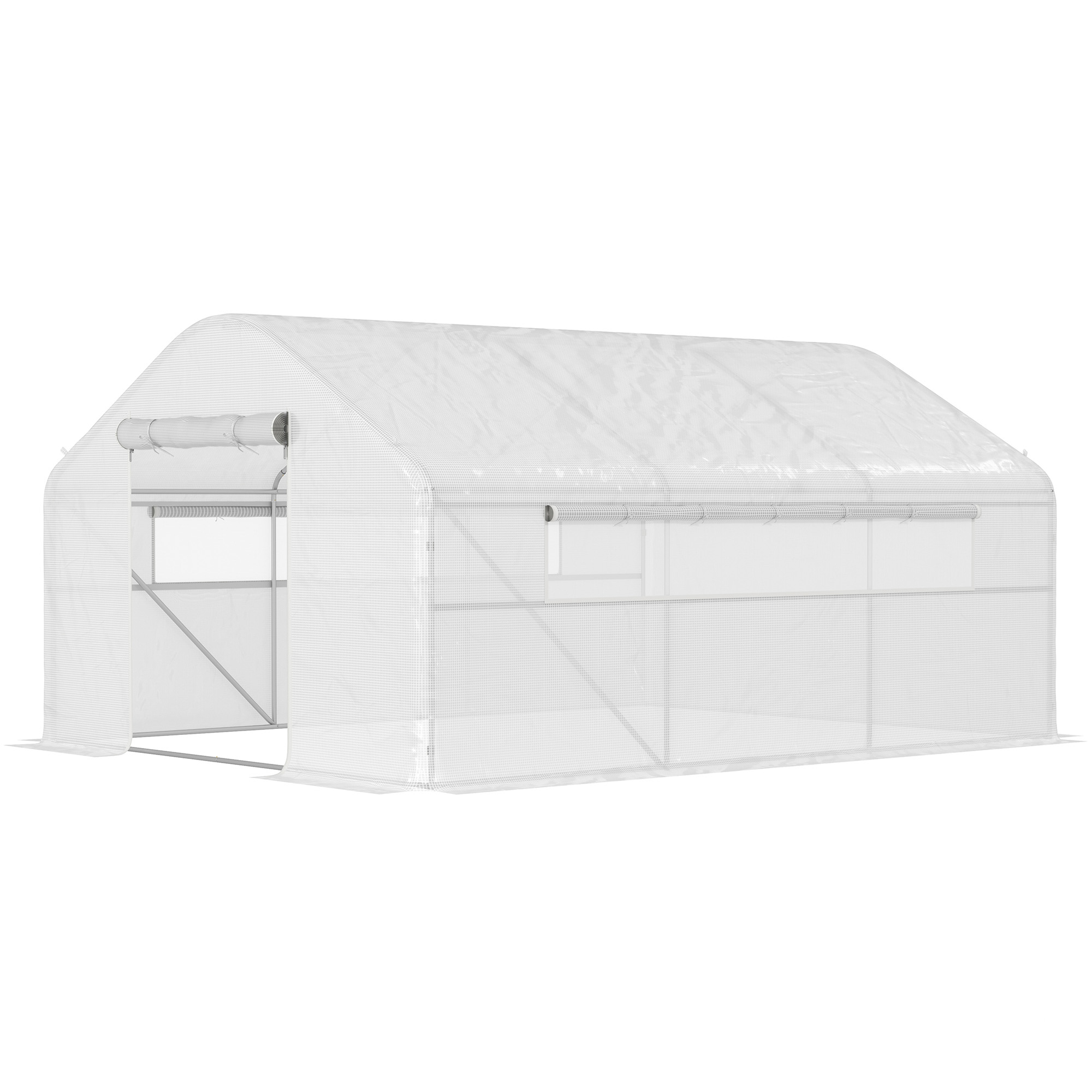 Outsunny 12 m² Garten-Gewächshaus, 4 x 3 x 2 m Tunnelgewächshaus mit Rolltüren und großen Mesh-Fenstern, verzinkter Stahl und PE mit hoher Dichte 140 g/m² UV-beständig, weiß Aosom