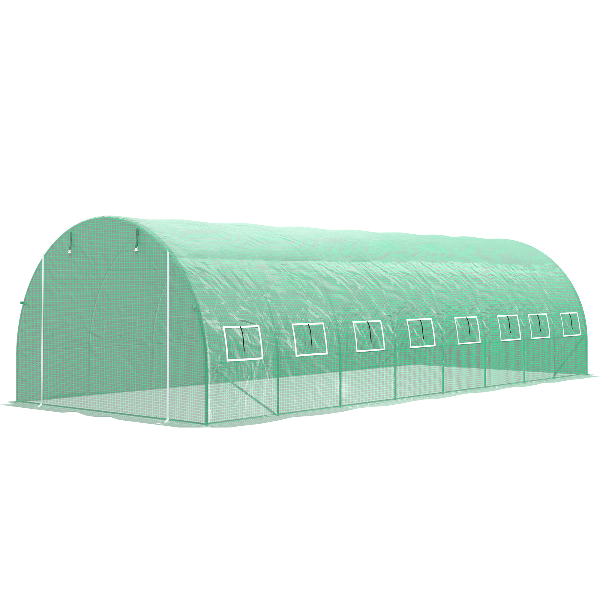 Outsunny Garten-Tunnel-Gewächshaus 24m² 8L x 3B x 2H m - 16 Fenster, aufrollbare Reißverschlusstür - Stahl-Galvanisierter Rohrrahmen, PE-Hochdichtungsabdeckung Grün   Aosom