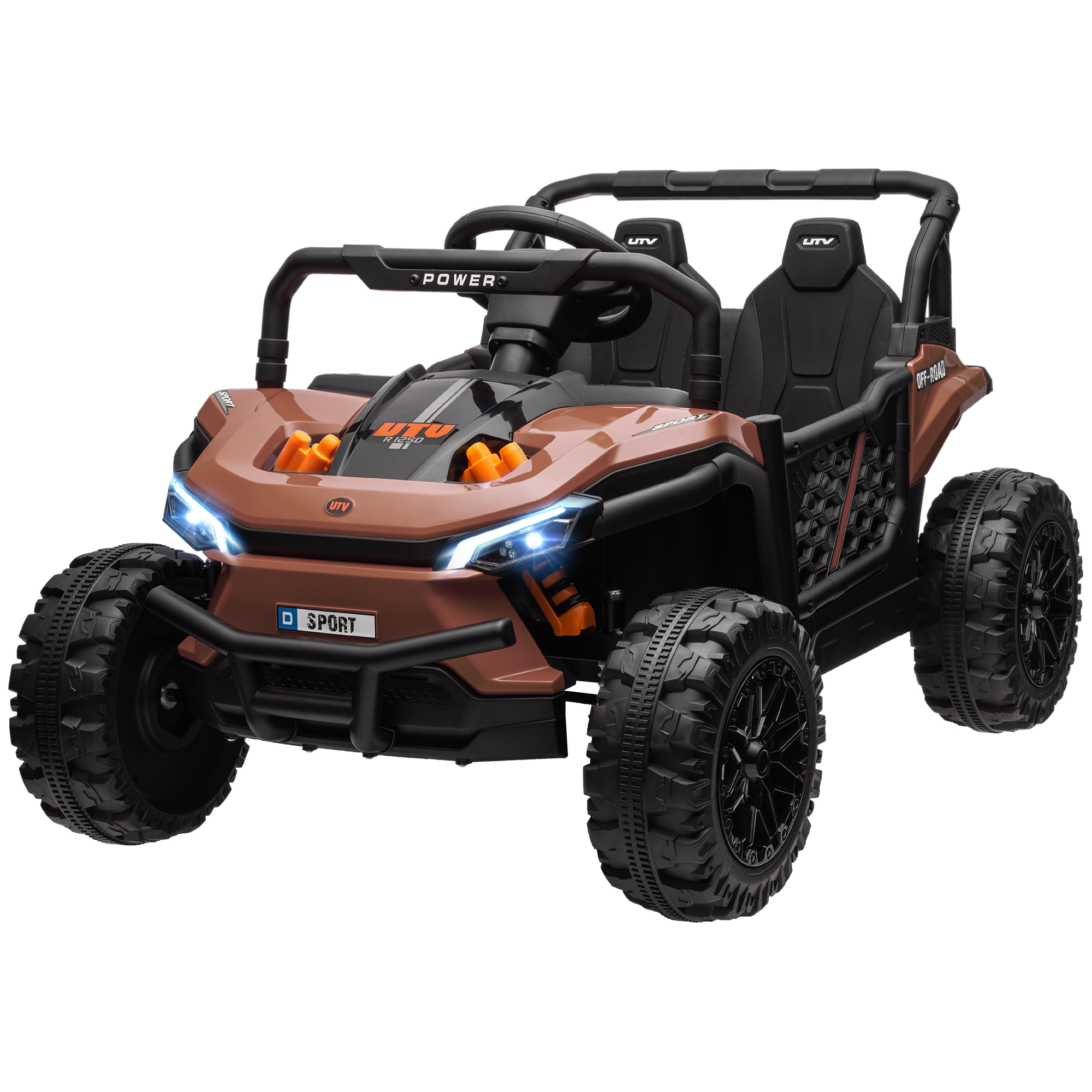 AIYAPLAY Elektroauto für Kinder UTV, elektrischer Buggy für Kinder, mit 2,4-GHz-Fernbedienung, 2 Motoren 12 V, 2 Geschwindigkeiten, Musik, Hupe, Lichter, für Kinder von 3-5 Jahren, Braun   Aosom
