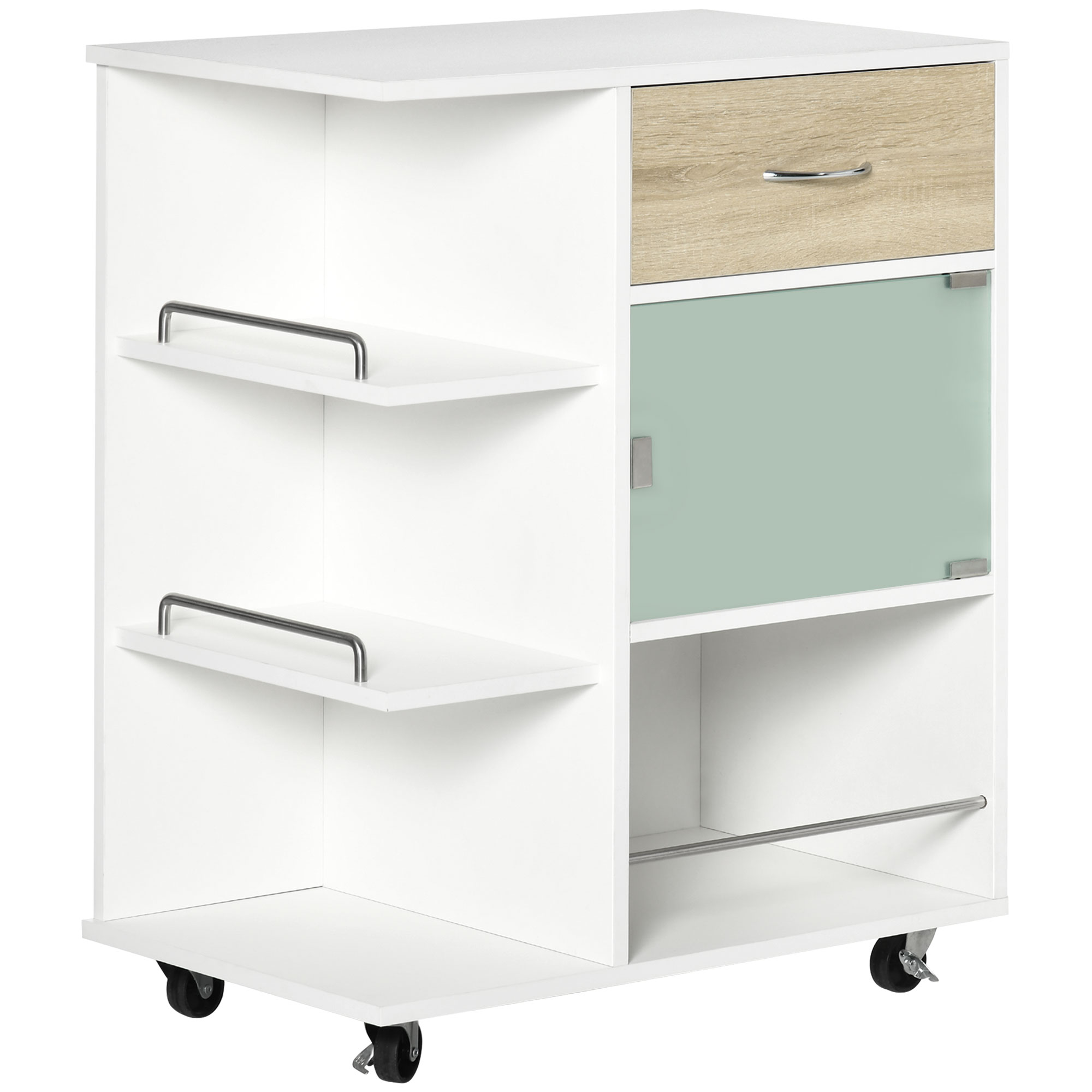 HOMCOM Küchenwagen, Servierwagen, 360° schwenkbare Räder, Regale mit Barriere, Kücheninsel, mit Schublade, Regalen, Schrank, 65 x 39 x 80 cm, weiß Aosom