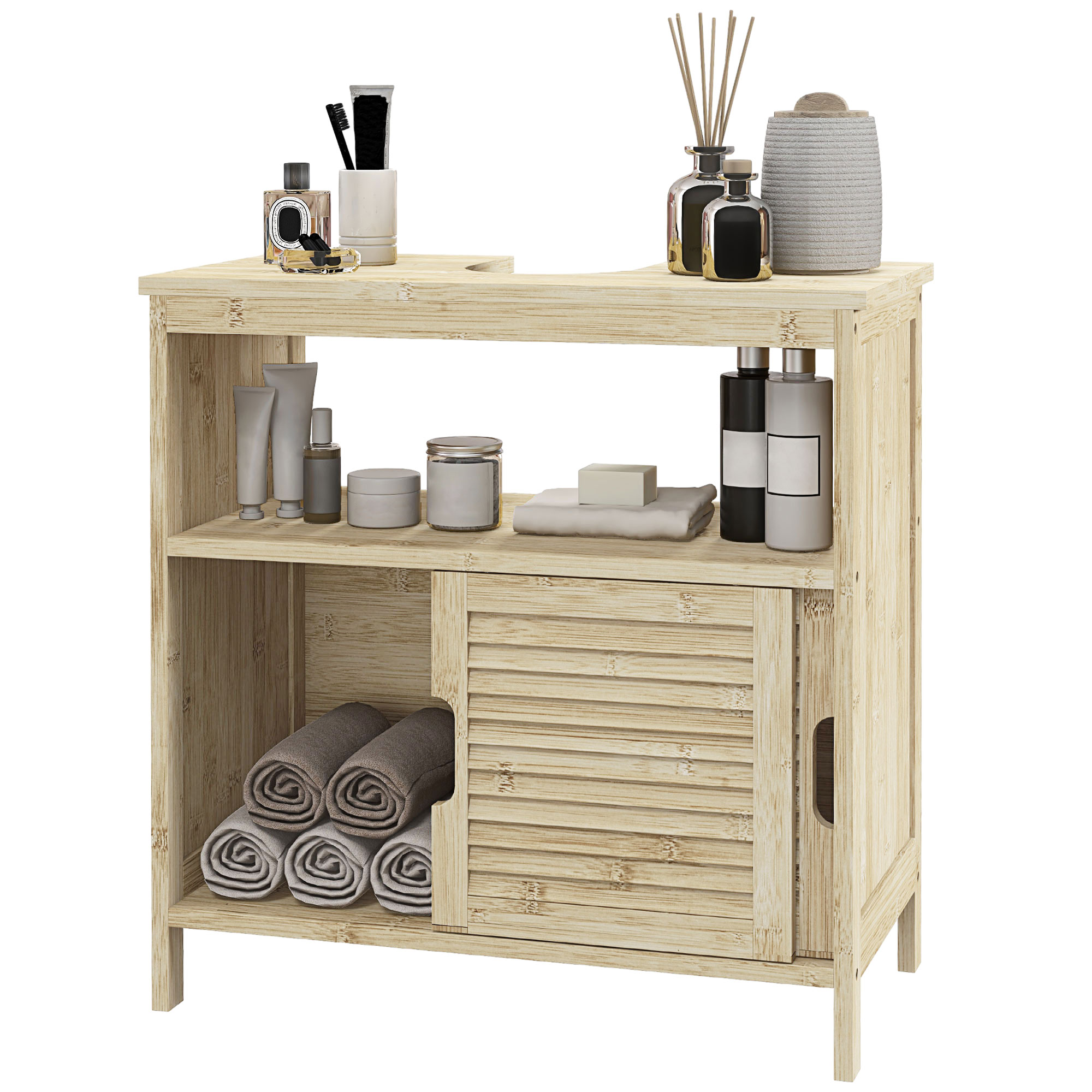 HOMCOM Badezimmerschrank unter Waschbecken aus Bambus, Stauraummöbel für Badezimmer mit 2 Lamellen-Schiebetüren, 60 x 30 x 60 cm, Natürliches Holz Aosom