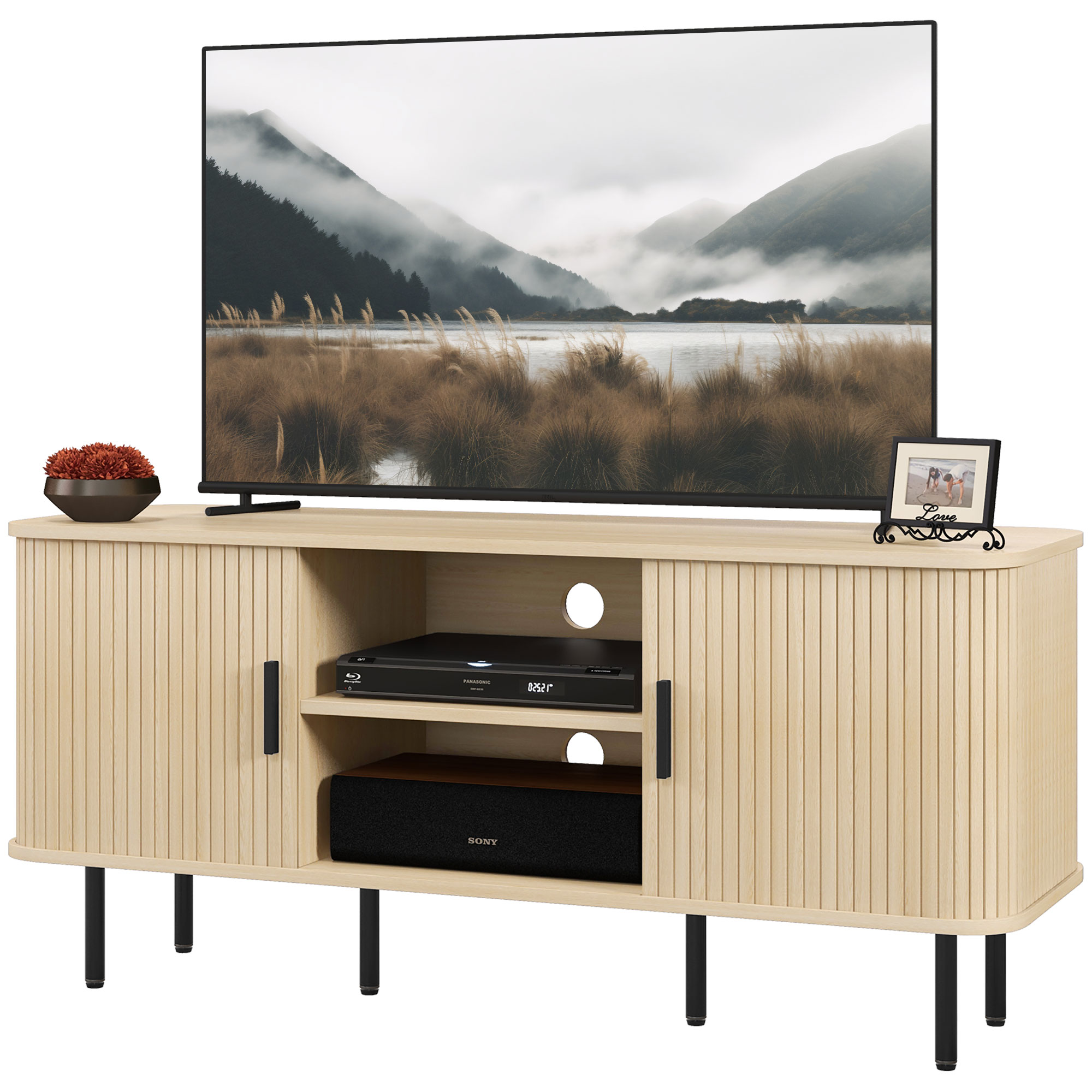HOMCOM TV-Schrank, TV-Bank, mit 2 Rolltüren aus Lamellen, 120 cm, skandinavisches Design, TV-Schrank für Fernseher bis zu 55 Zoll, Eichenholzton   Aosom