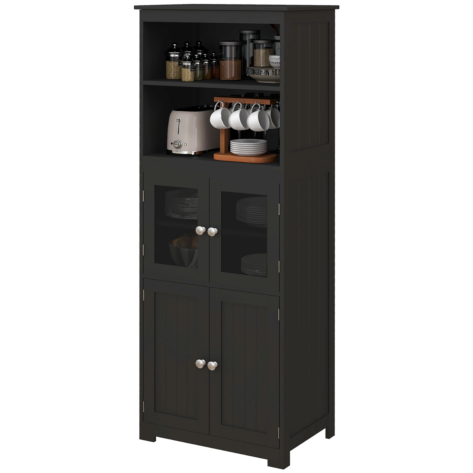 HOMCOM Küchenschrank Buffet Küchenvitrine Aufbewahrungsmöbel mit 2 Nischen, 2 Schränken mit 4 Türen inkl. 2 Glastüren, verstellbare Regalböden - 60B x 30T x 162H cm Schwarz Aosom