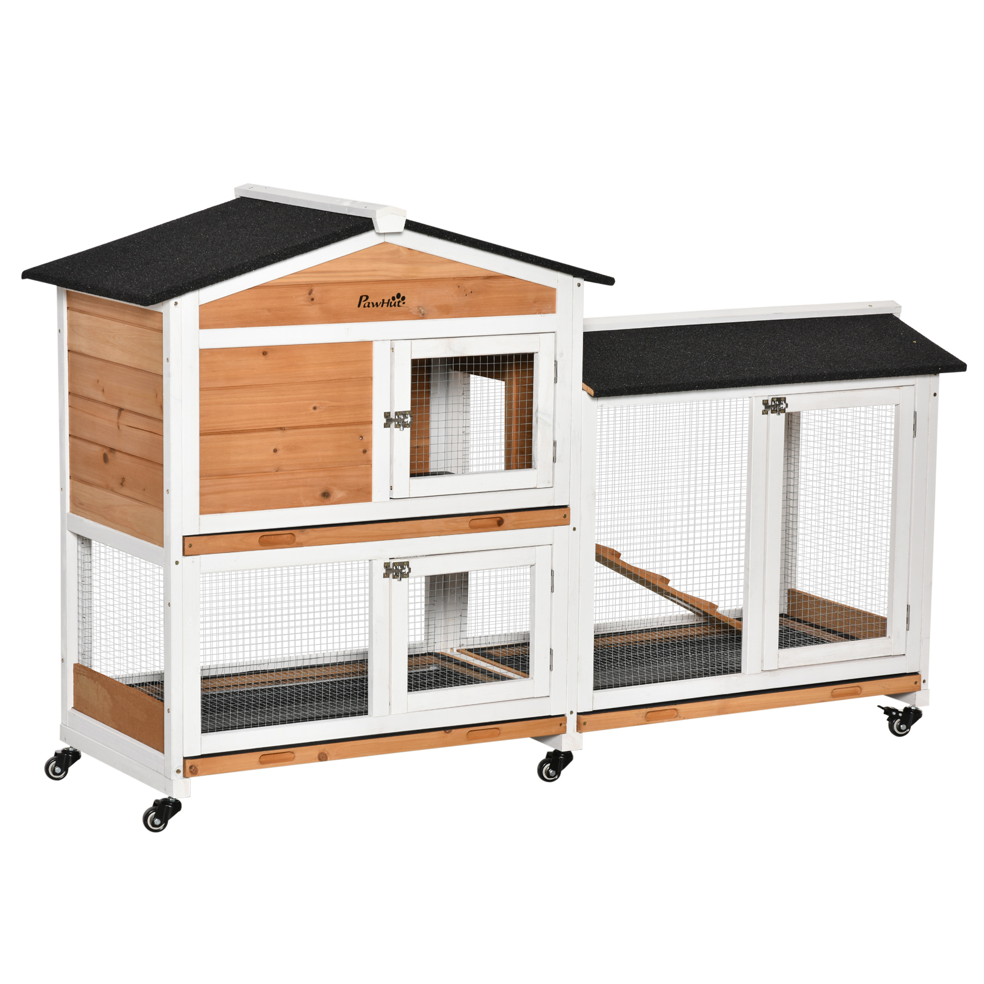 PawHut Kaninchenstall Holz für Kaninchen kleiner Auslauf Tier-Villa für Kaninchen auf Rollen 2 Etagen 3 herausnehmbare Schubladen 157,4 x 53 x 99,5 cm gelb Aosom
