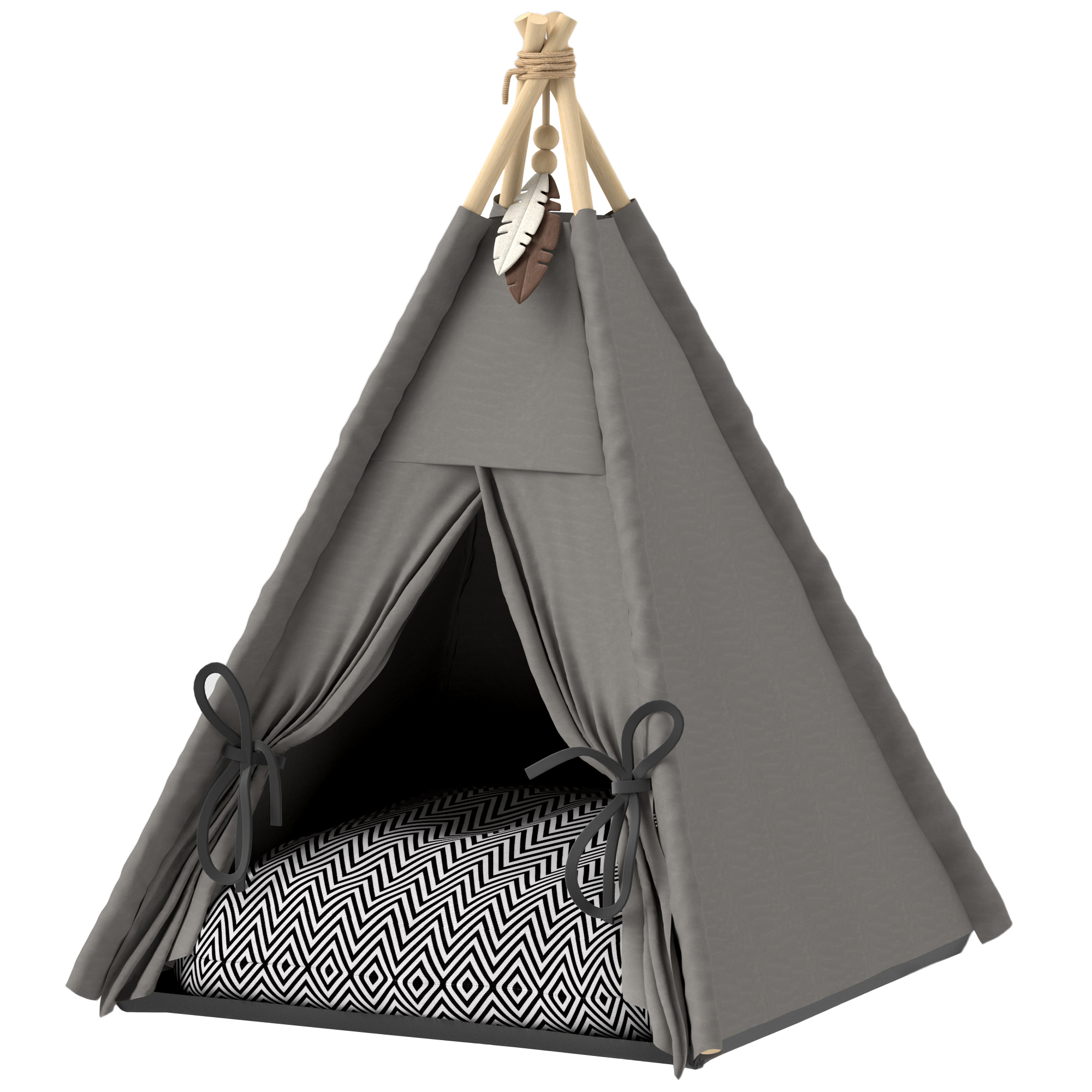 PawHut Tipi Zelt für Haustiere, Katzenzelt mit abnehmbar und waschbar Kissen, Katzenhaus mit rutschfestem Boden, Spielball, für Katzen unter 5kg, Mini Hunde, 60 x 60 x 76 cm, Grau Aosom