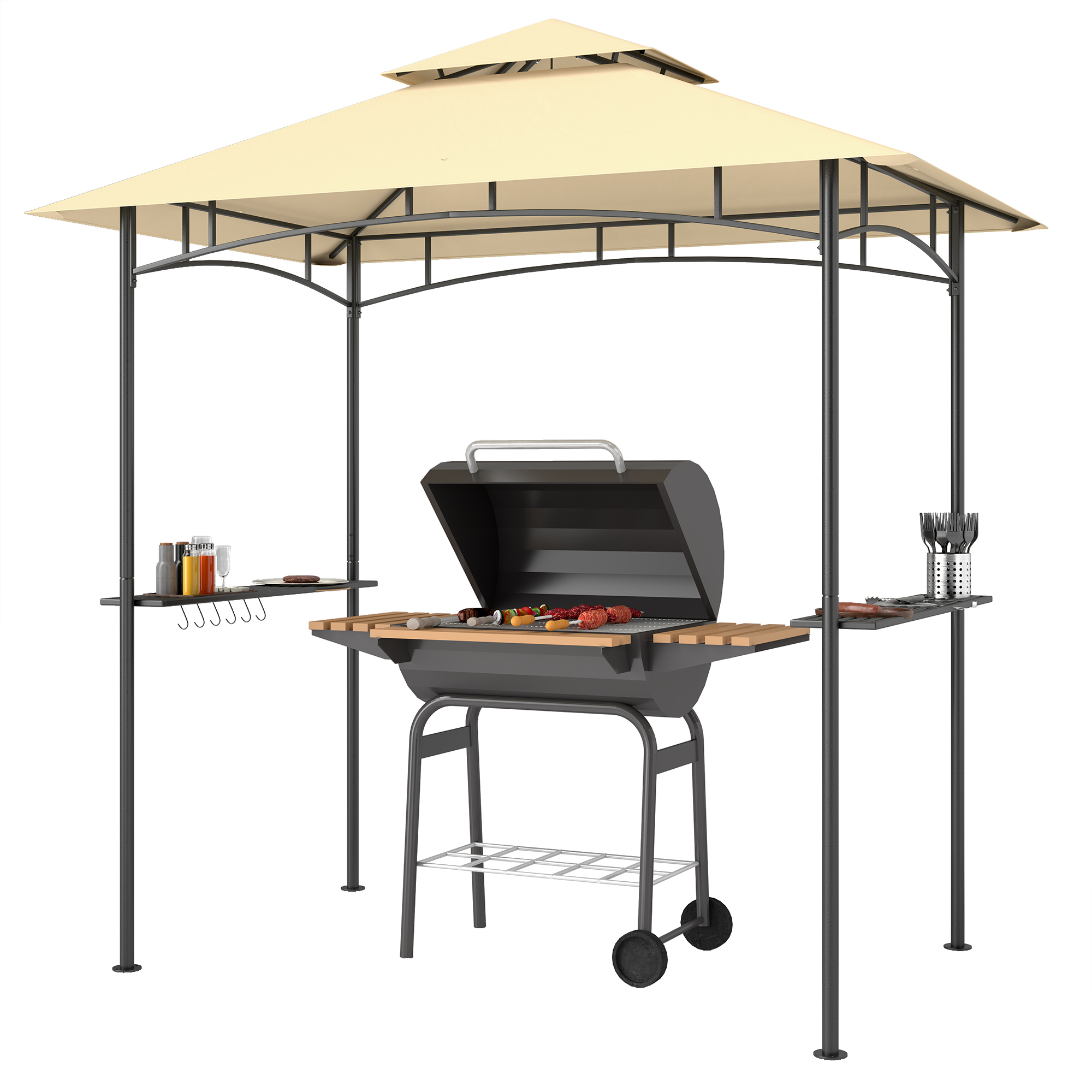 Outsunny Grillpavillon mit LED 240 x 150 x 258 cm wasserabweisend flammhemmend Gartenpavillon mit Doppelschichtdach, Seitenregalen, Gartenlauben mit UV-Schutz, BBQ Pavillon für Party BBQ Beige Aosom