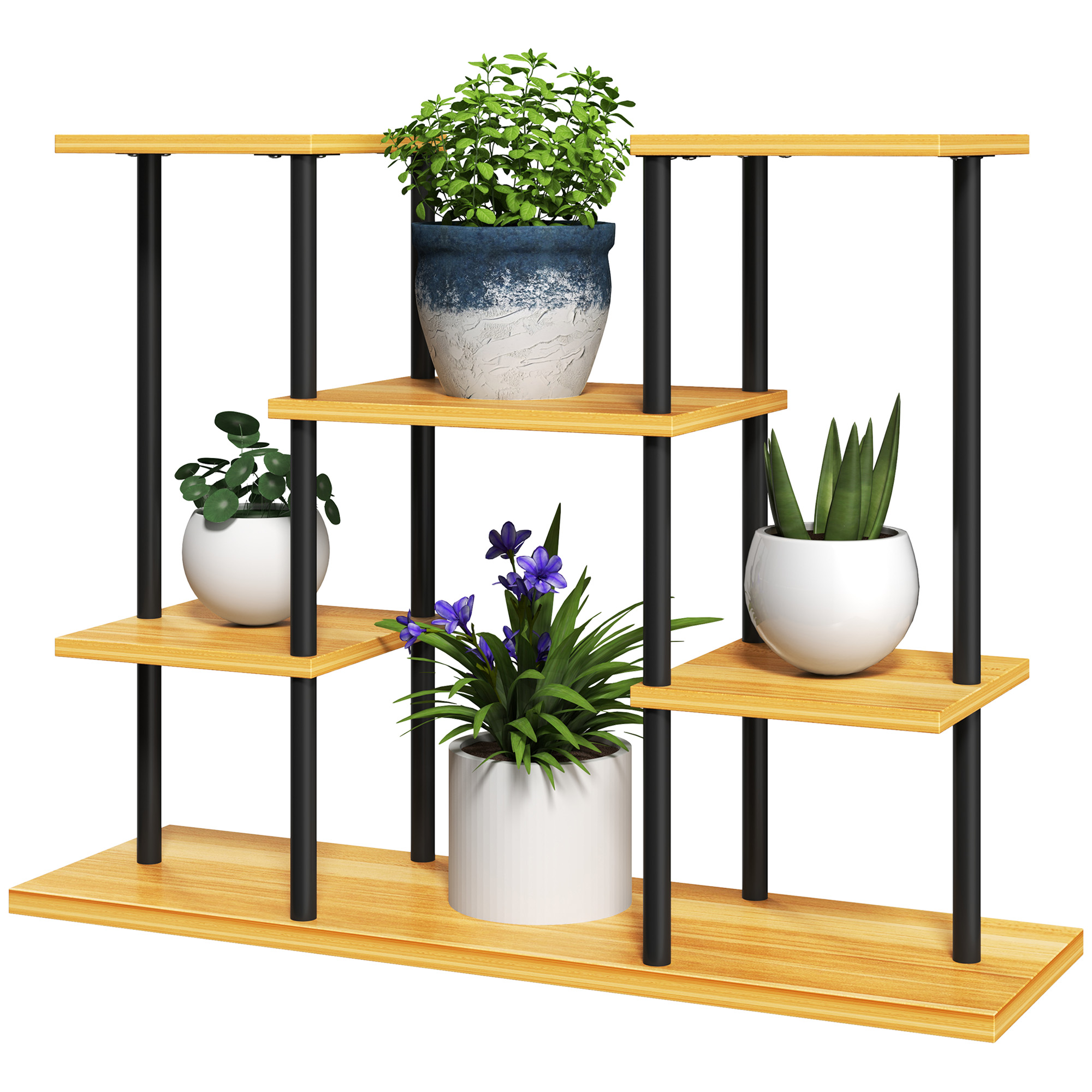 Outsunny Pflanzenständer für den Innenbereich, 6-stufiges Pflanzenregal, Stahlrahmen und massive Holzbasis, Pflanzenhalter für Wohnzimmer, Balkon, Garten, Naturholz   Aosom