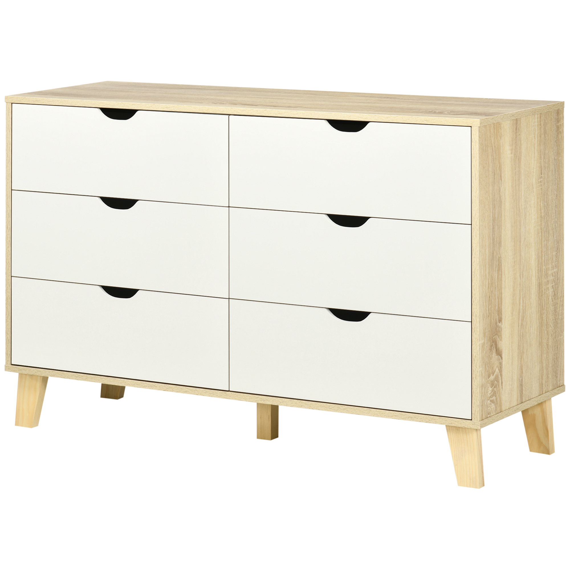 HOMCOM Kommode 6 Schubladen Schlafzimmer Aufbewahrungsmöbel skandinavischer Stil mit Holzfüßen, für Schlafzimmer, Wohnzimmer, Größe 120B x 40T x 76H cm, Holzoptik und Weiß Aosom