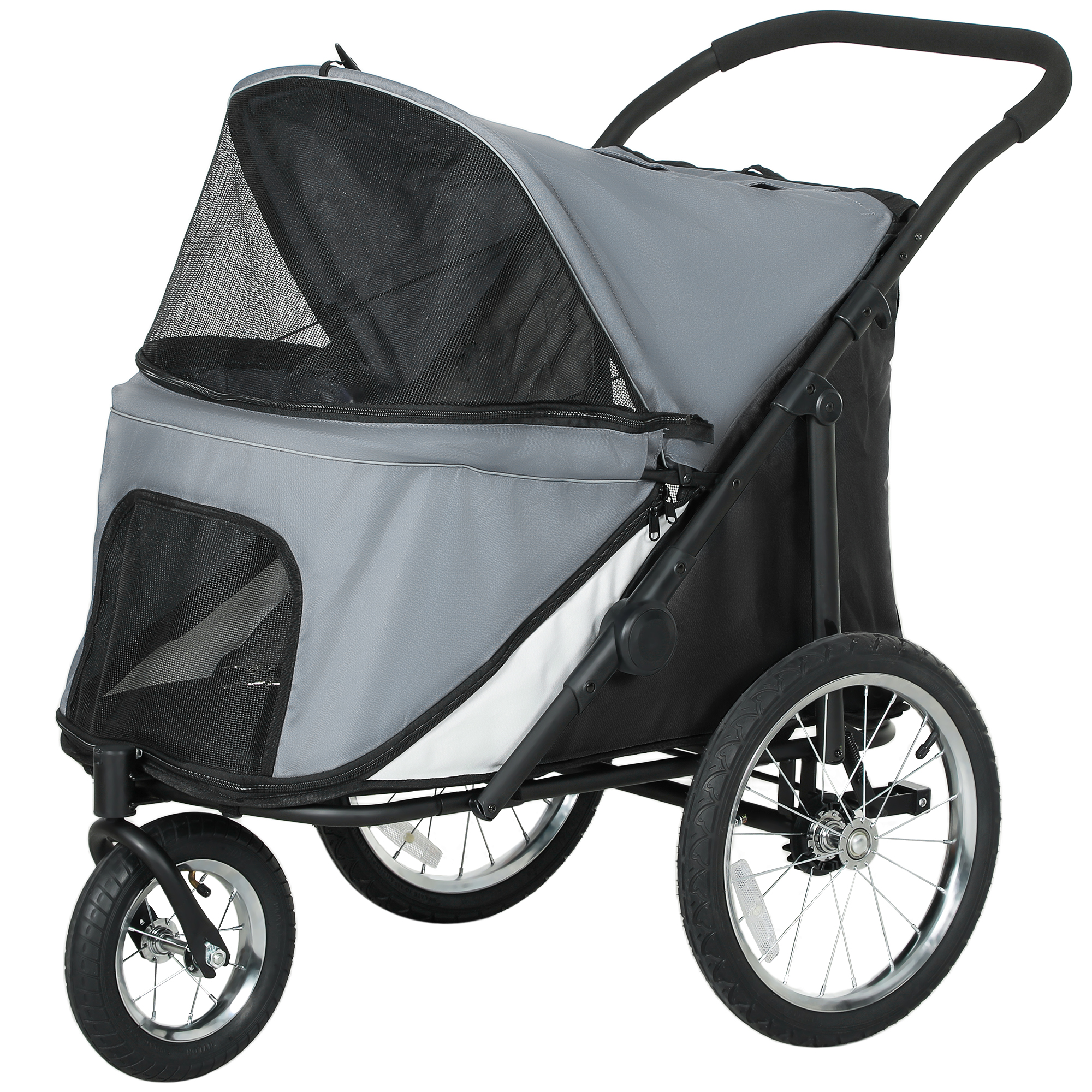 PawHut Hundebuggy Hundekinderwagen 3 Räder Hundewagen - Einhandklappung, Gummireifen, Aufbewahrungstasche, weiches Kissen, Sicherheitsleine, Katzenbuggy bis 40 kg, grau Aosom