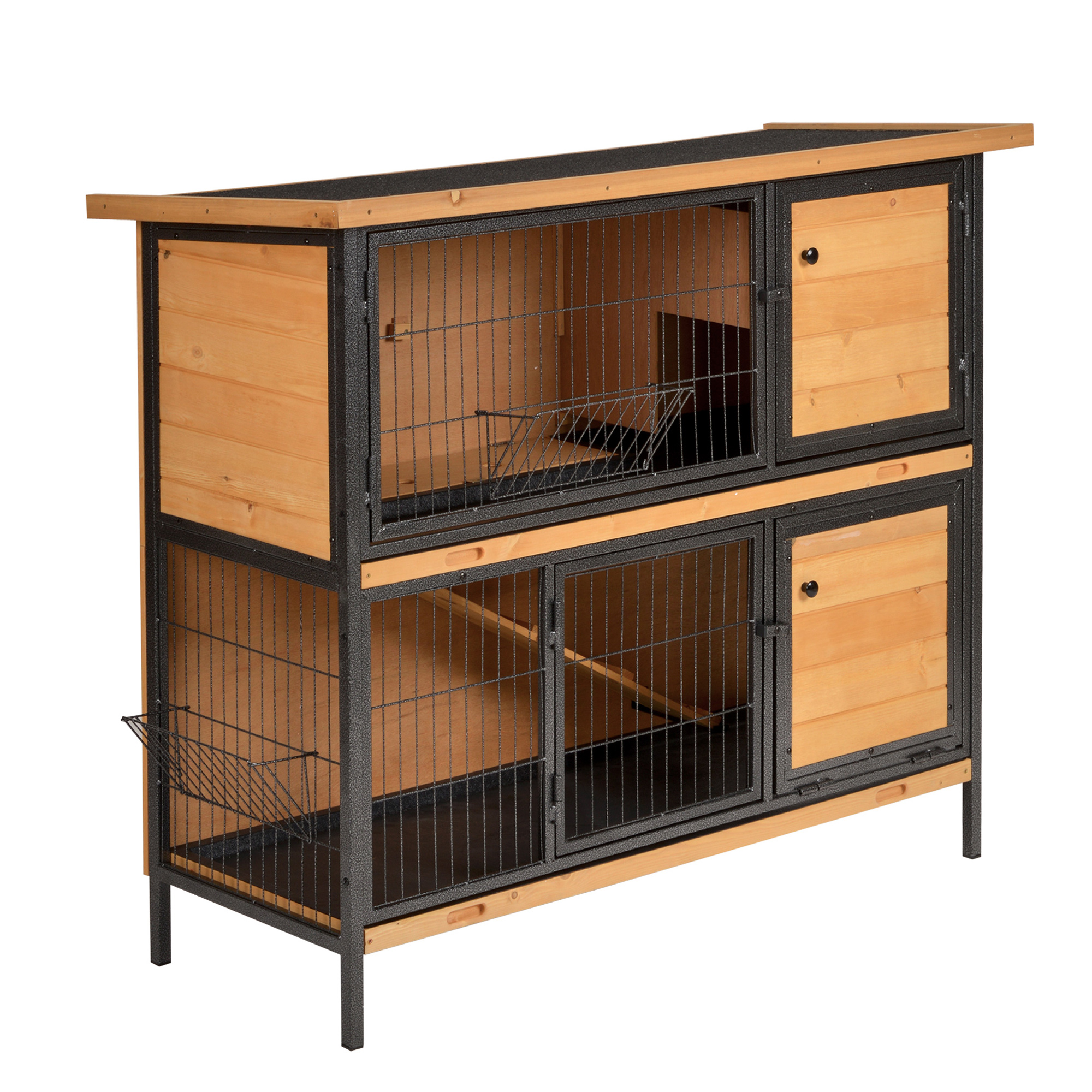 PawHut Kaninchenstall Außenbereich, Kaninchenkäfig Außenbereich, 2 Etagen, bitumiertes Dach, 4 abschließbare Türen, kleines Tiergehege, 1 Rampe und 1 Kotbehälter, 122 x 50 x 101 cm, Naturholz und Schwarz Aosom